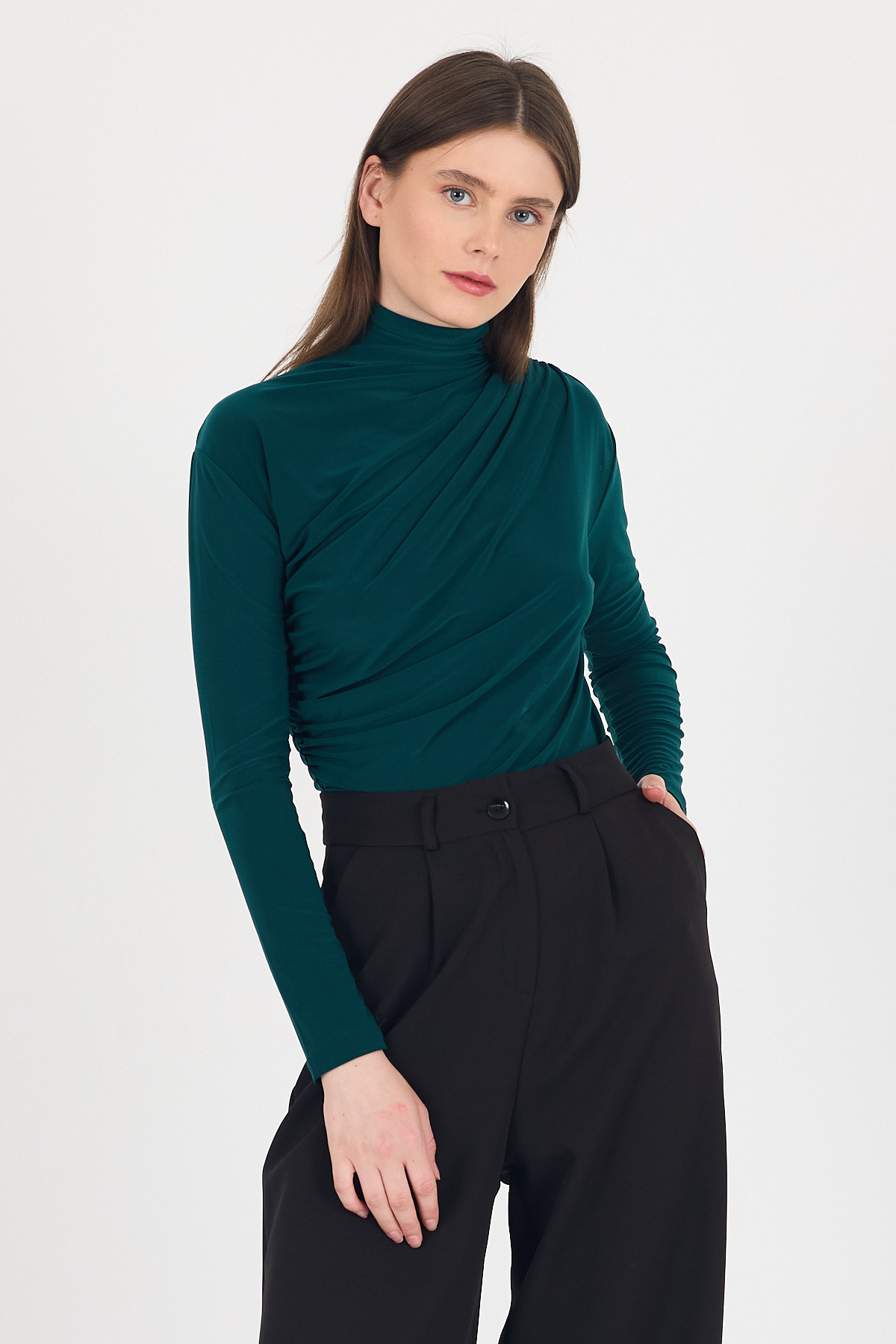 20059 Büzgü Detay Sandy Bluz Zümrüt - 1