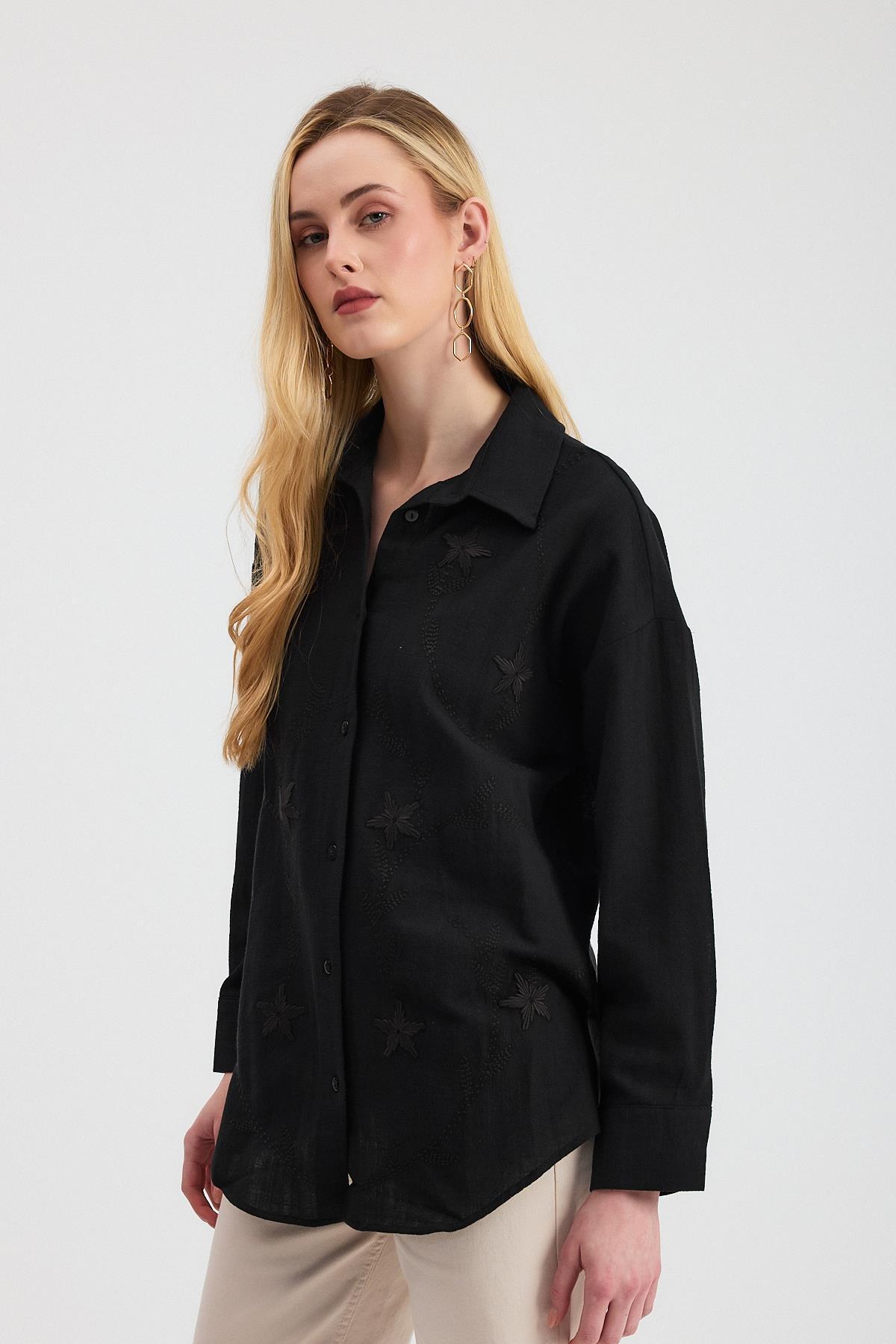 2006 Çiçek Nakışlı Gömlek Siyah - 2