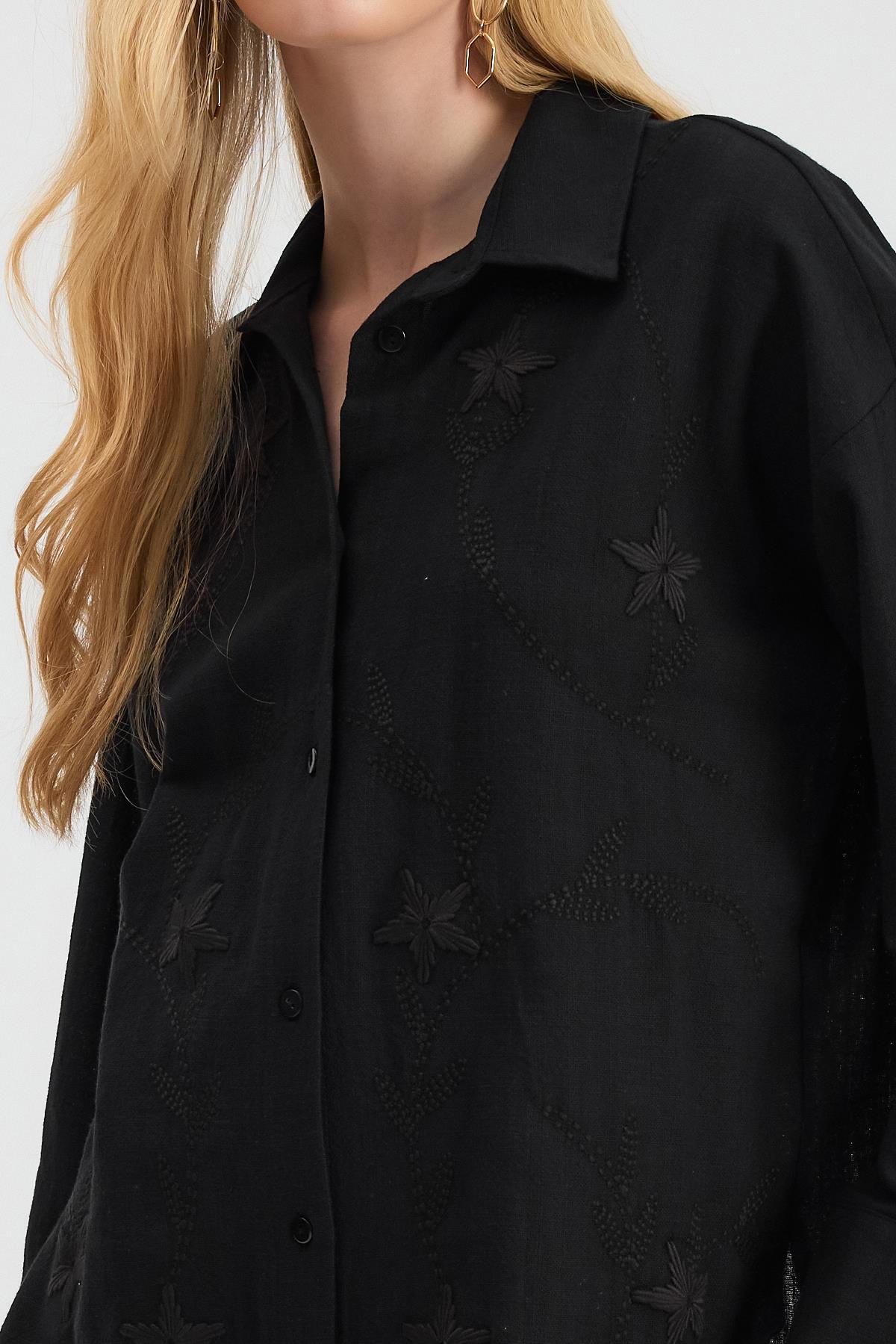 2006 Çiçek Nakışlı Gömlek Siyah - 4