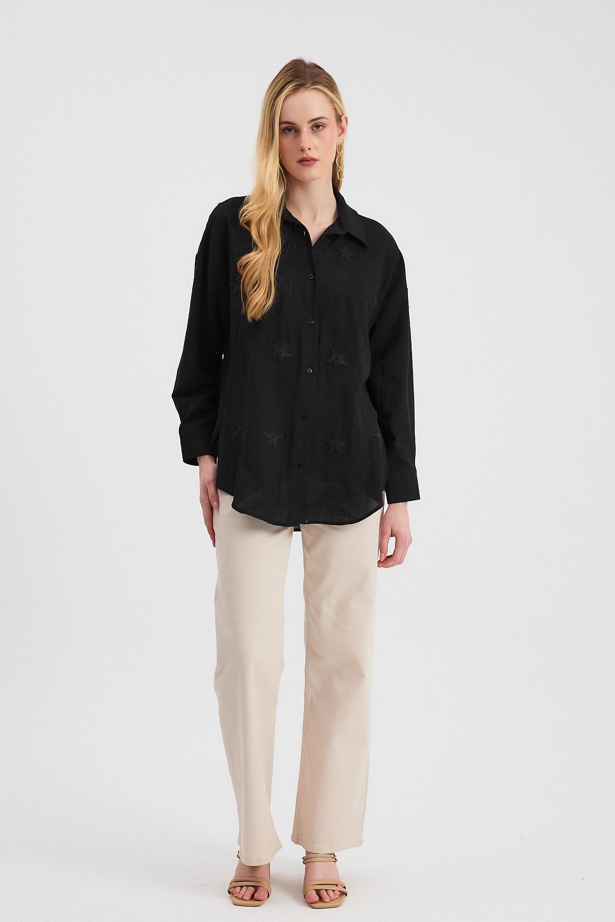 Siyah Çiçek Nakışlı Gömlek 2006 - 3