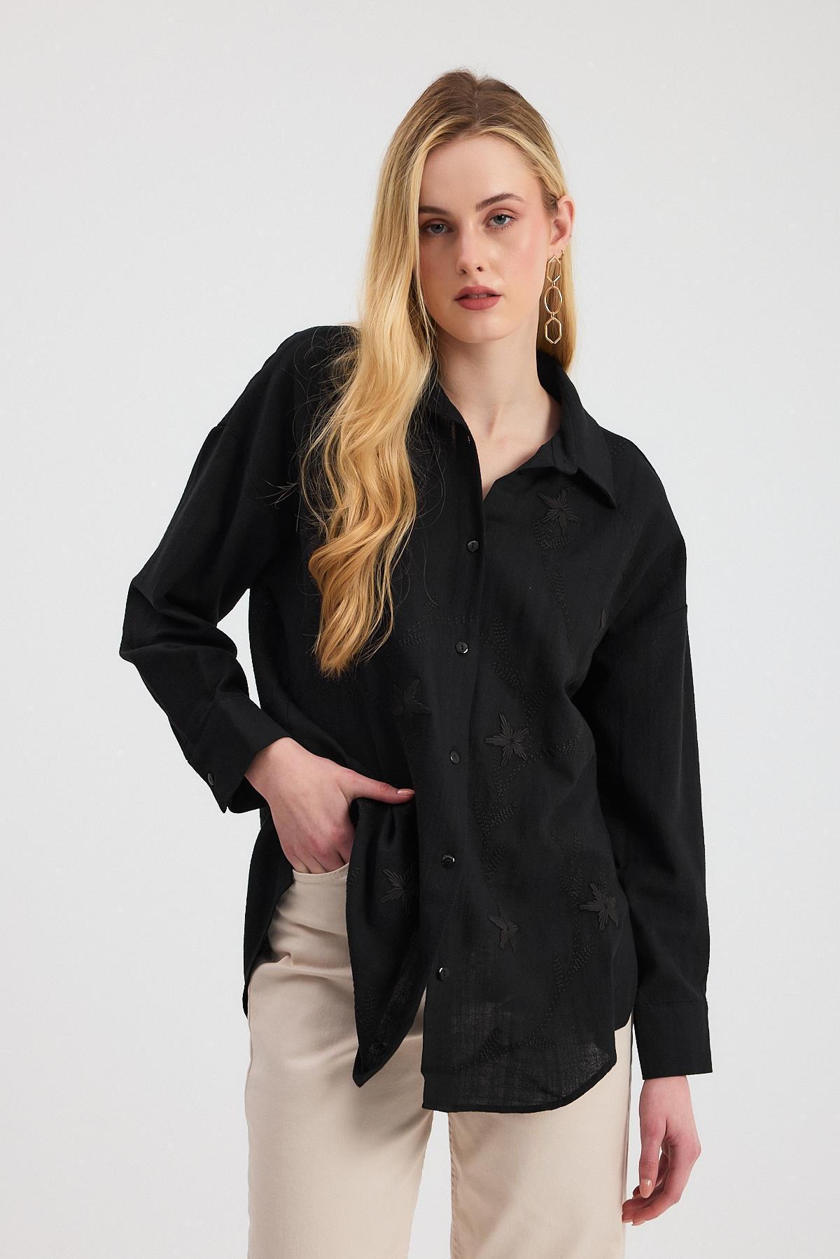 Siyah Çiçek Nakışlı Gömlek 2006 - 6