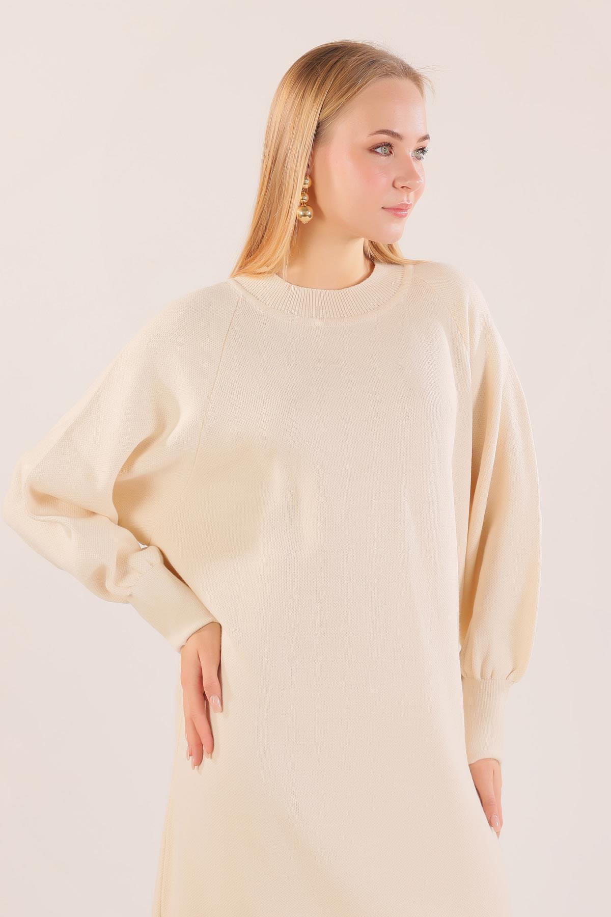 20111 Balon Kol Triko Elbise Bej - 4