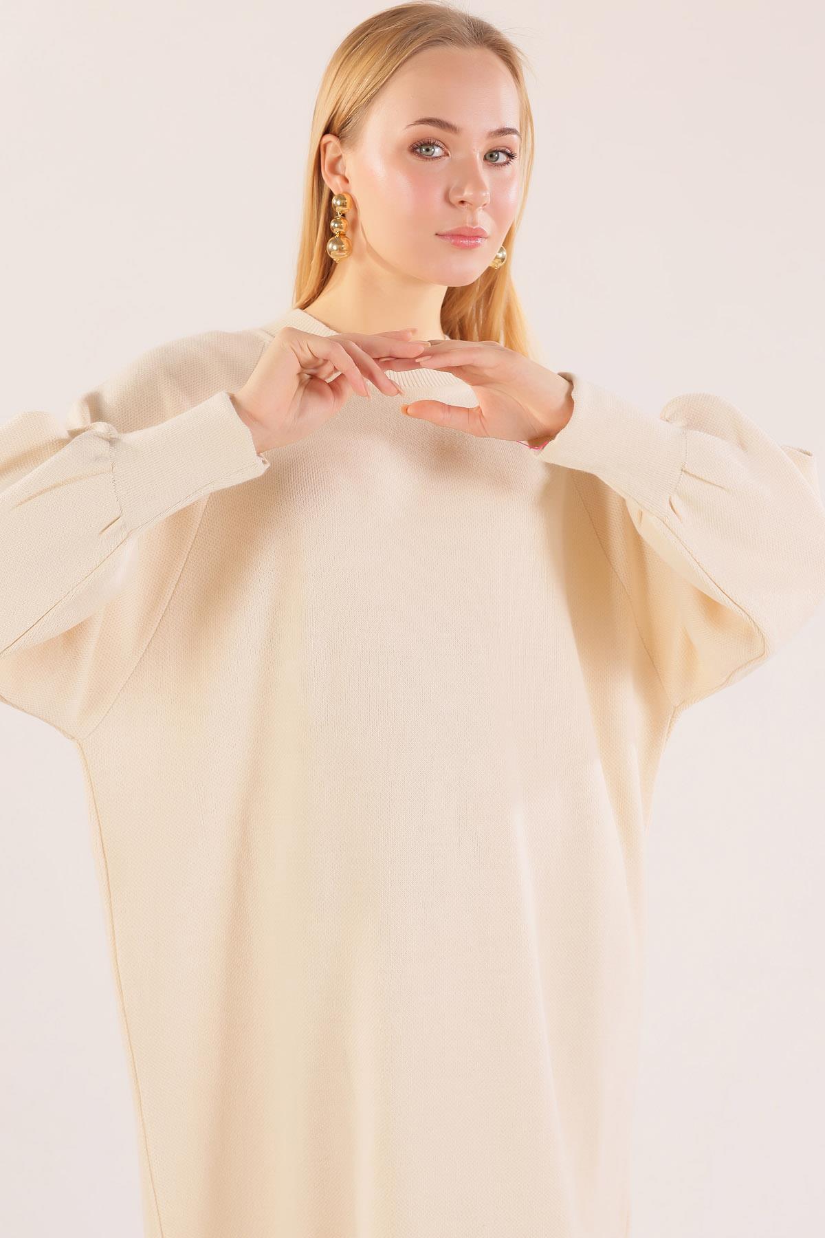 20111 Balon Kol Triko Elbise Bej - 6