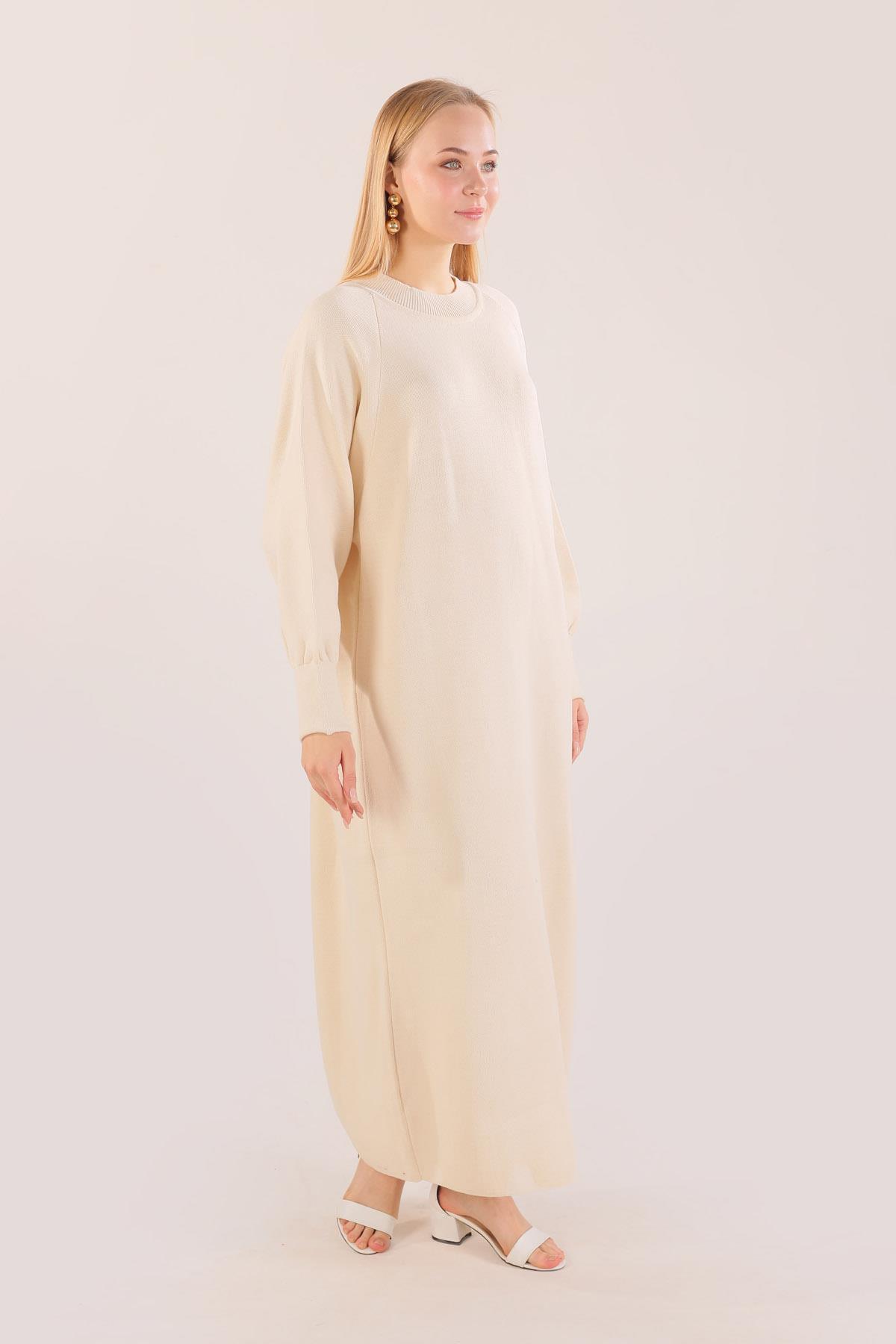 20111 Balon Kol Triko Elbise Bej 