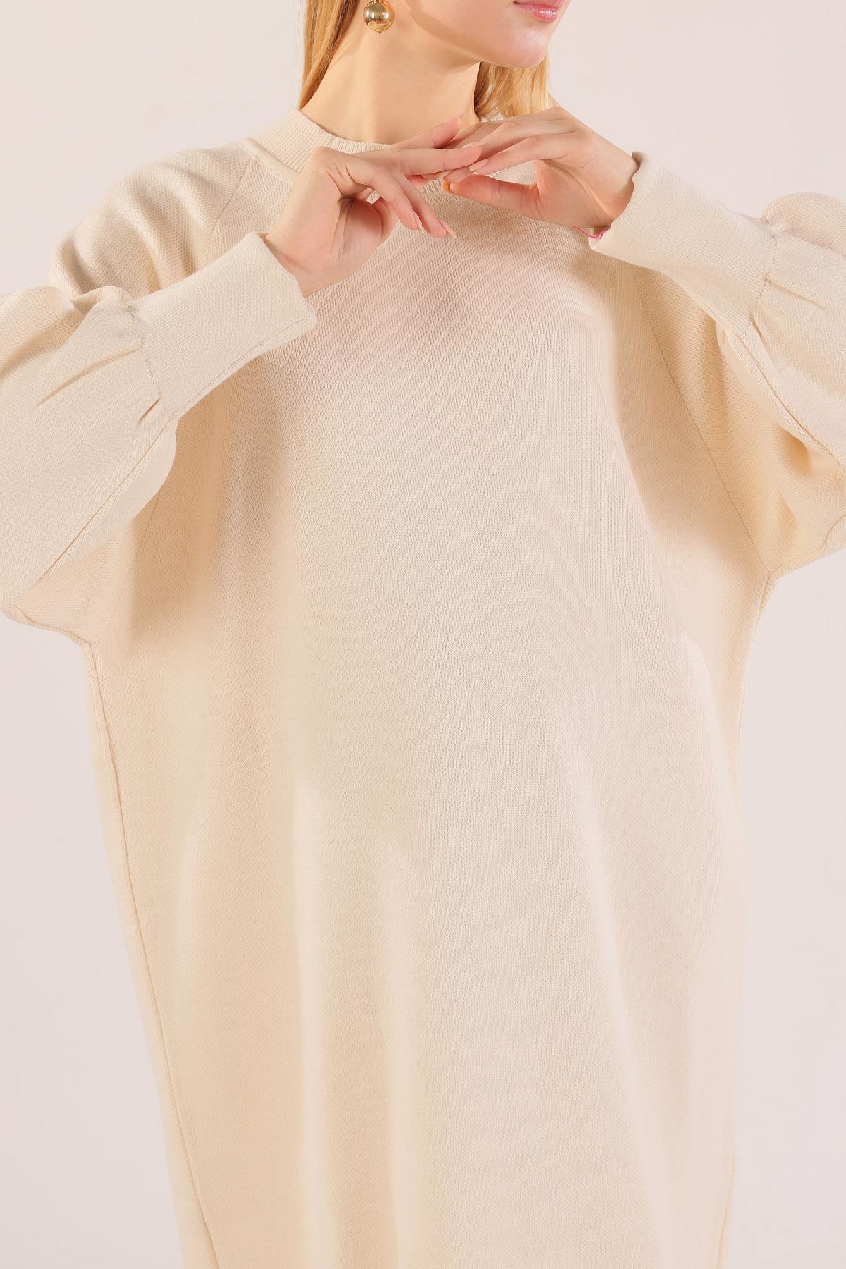 20111 Balon Kol Triko Elbise Bej - 7