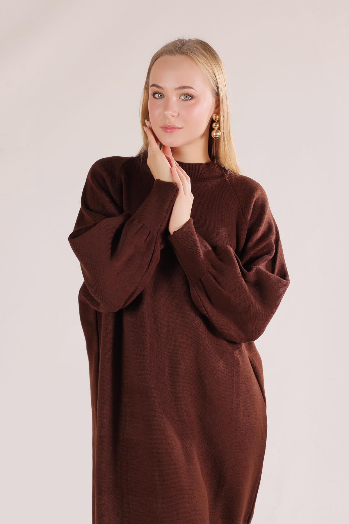 20111 Balon Kol Triko Elbise Kahve - 3