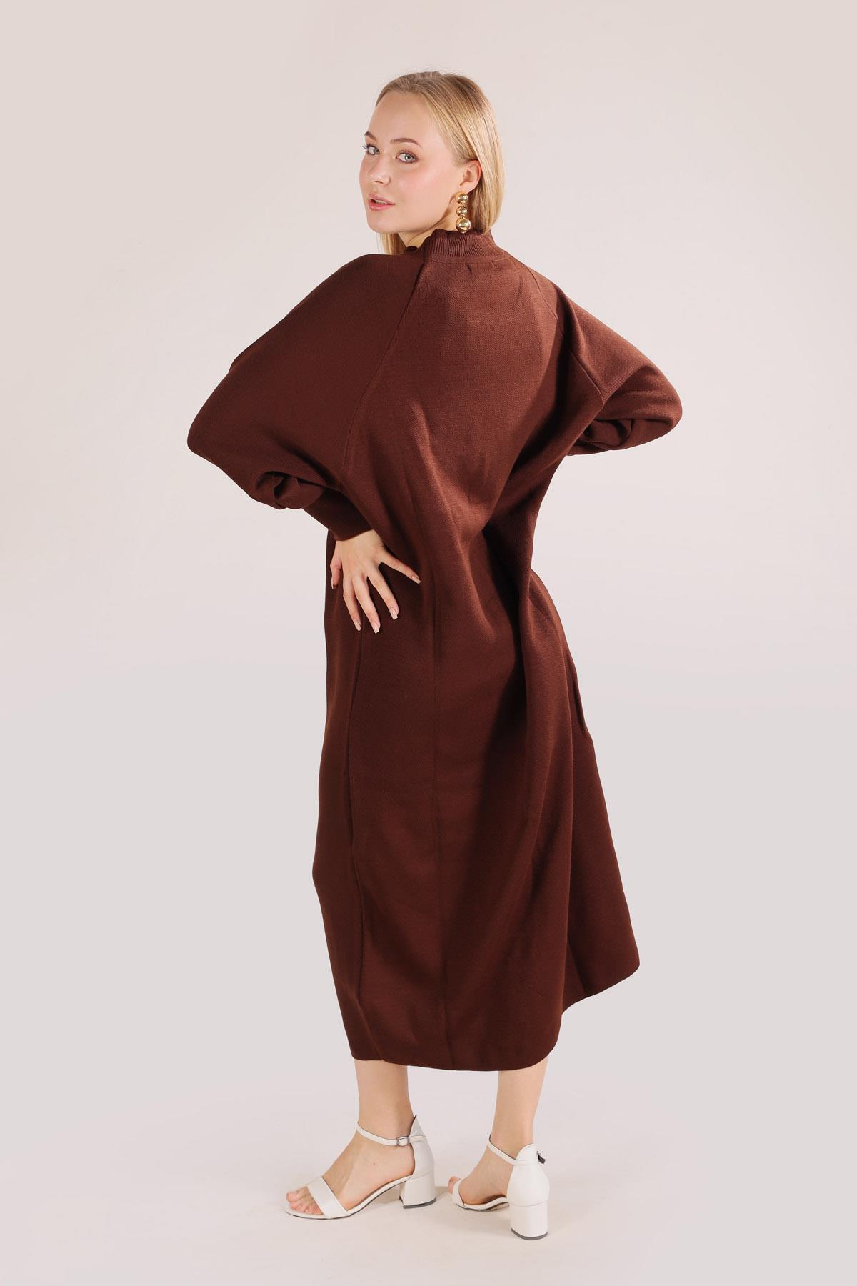 20111 Balon Kol Triko Elbise Kahve - 5