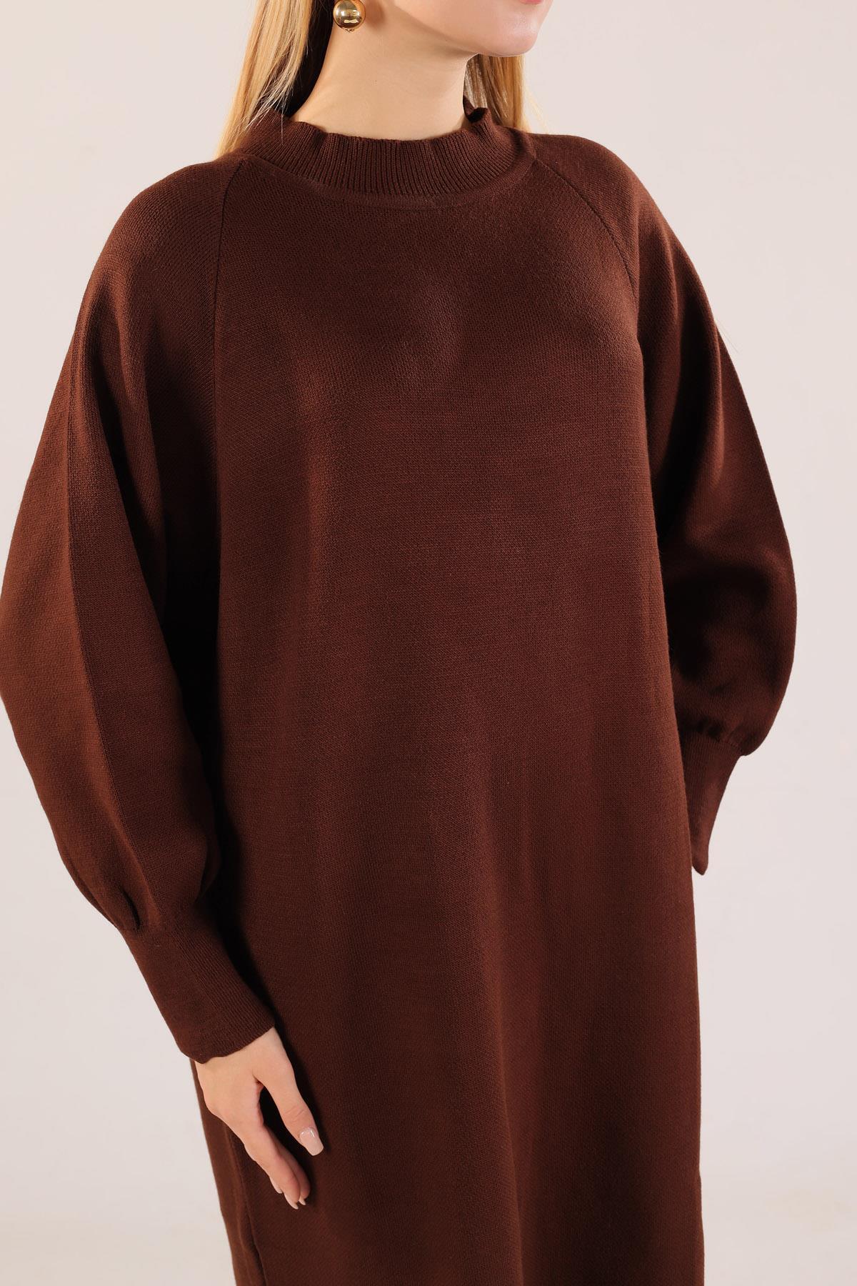 20111 Balon Kol Triko Elbise Kahve - 6