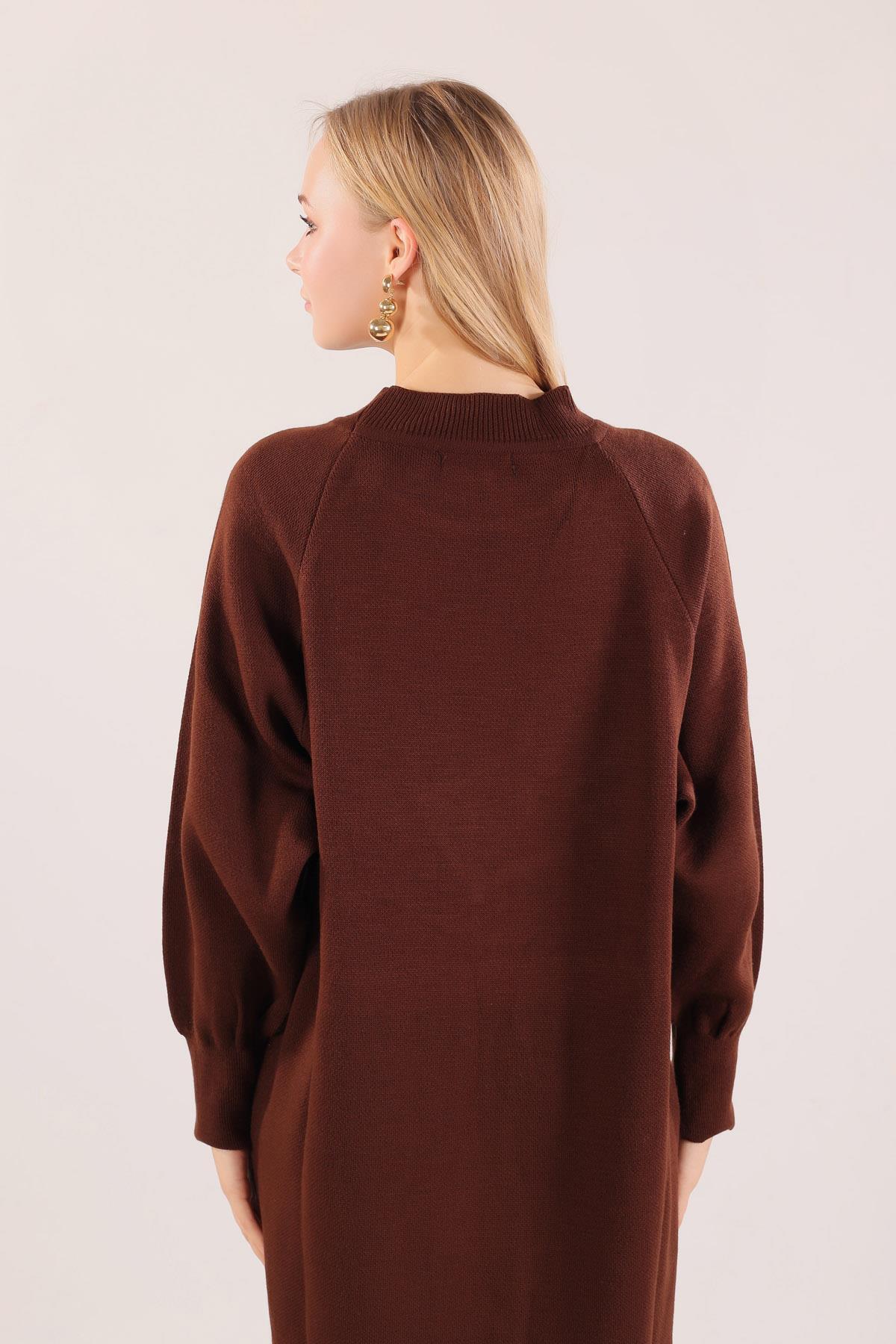 20111 Balon Kol Triko Elbise Kahve - 4