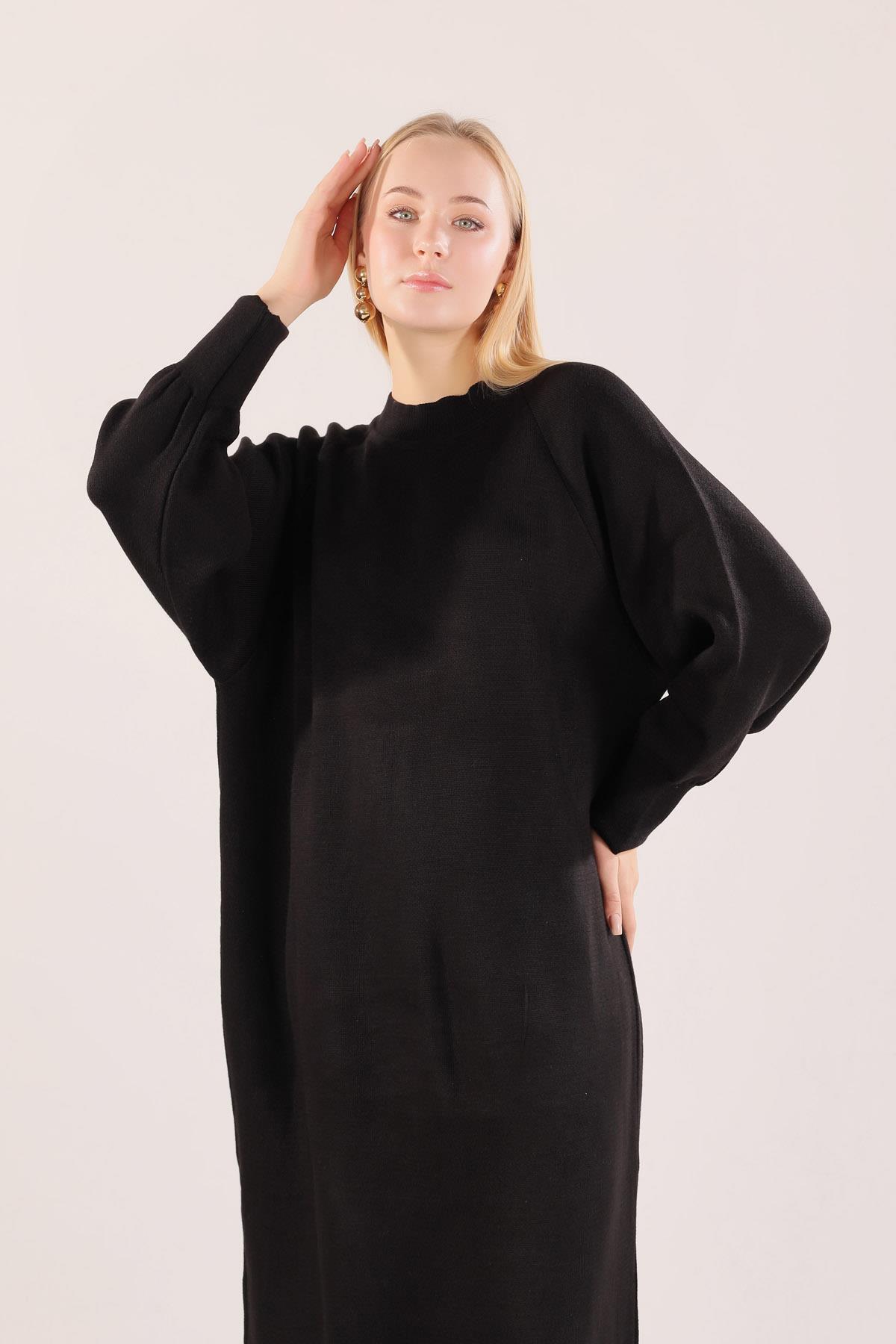 20111 Balon Kol Triko Elbise Siyah - 3