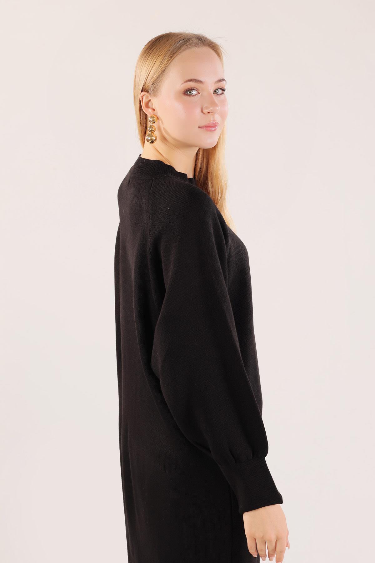 20111 Balon Kol Triko Elbise Siyah - 7