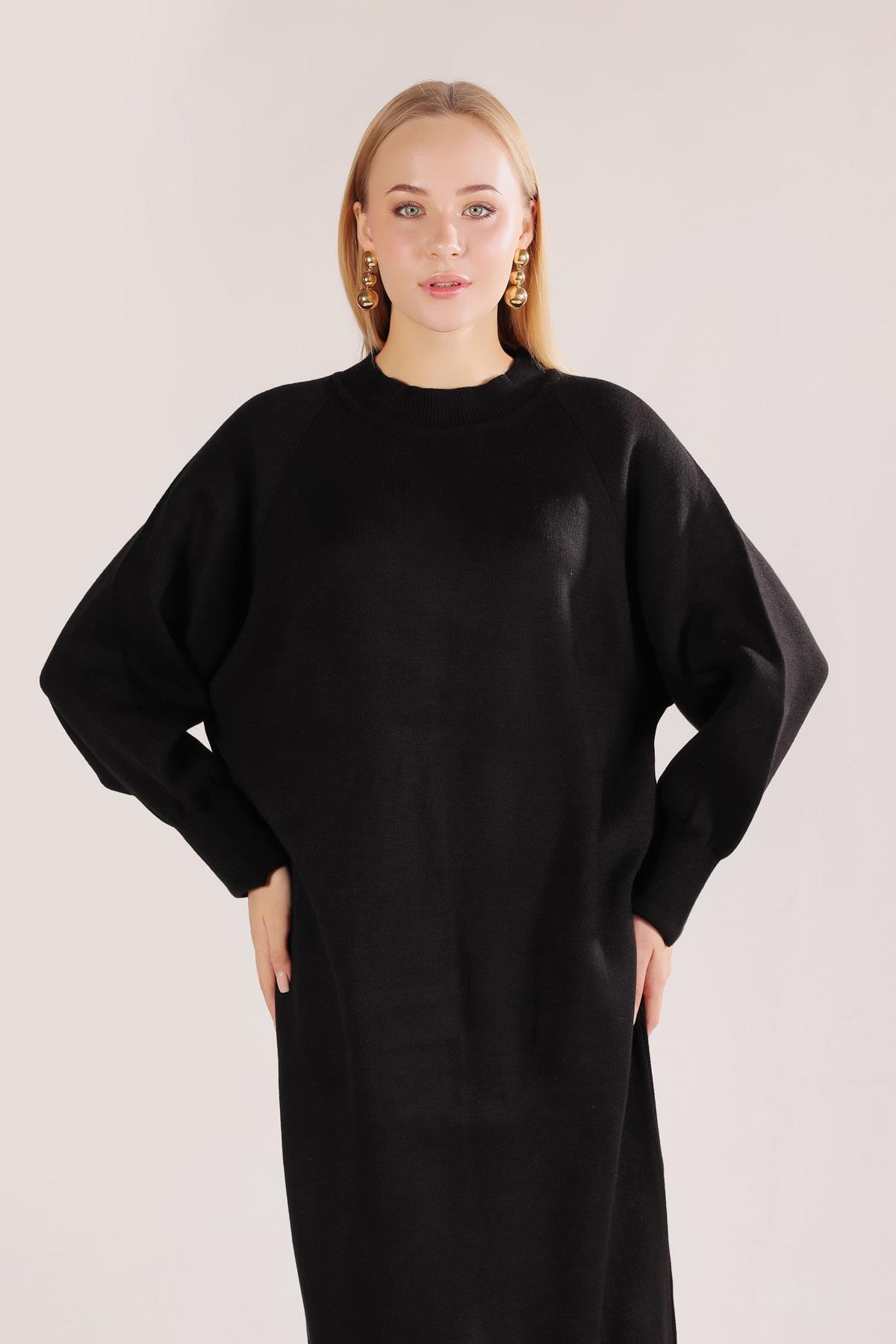 20111 Balon Kol Triko Elbise Siyah - 2