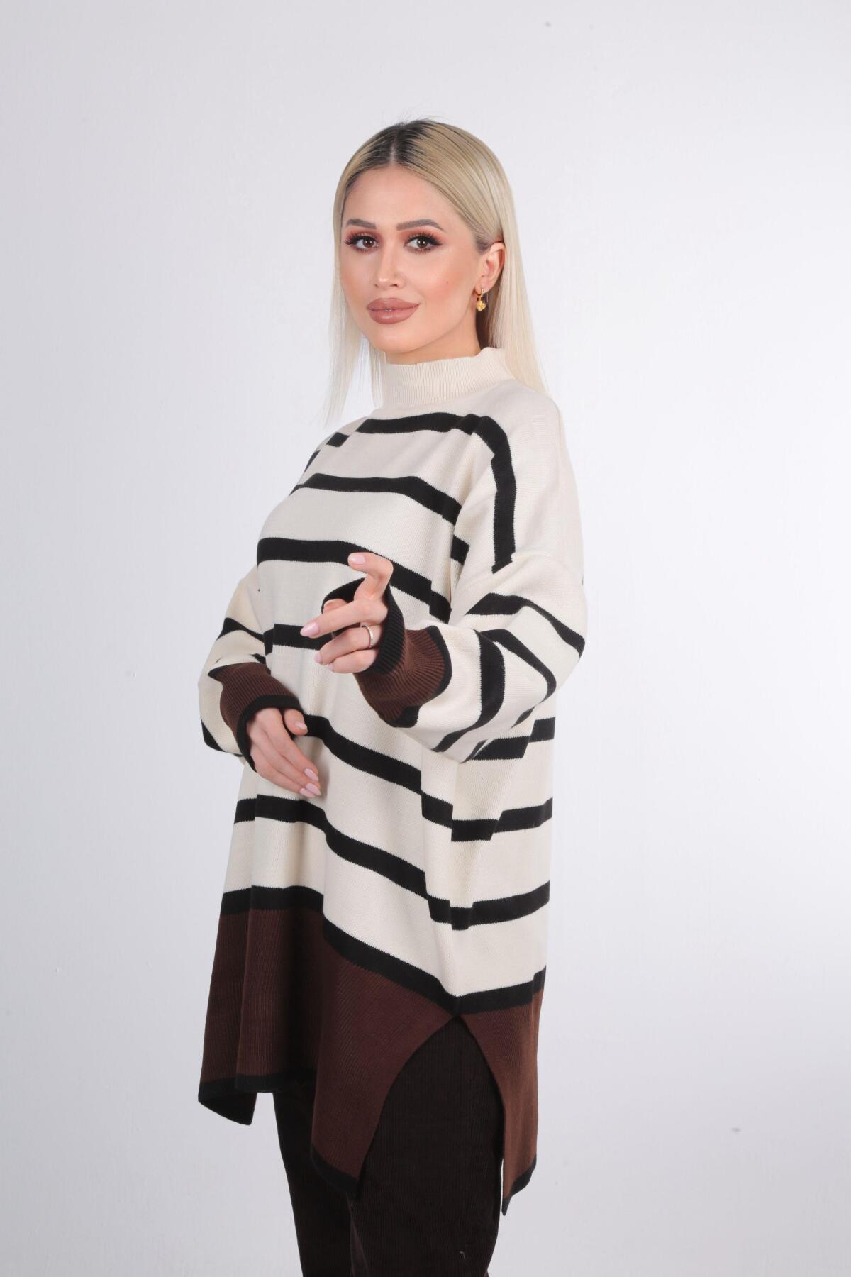 20112 Çizgili Renkli Balıkçı Yaka Tunik Kahve - 2