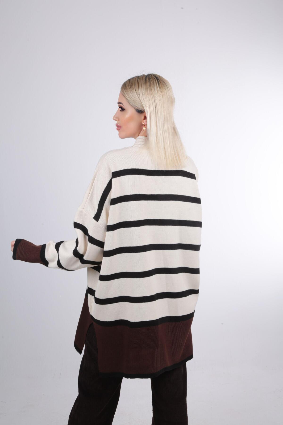 20112 Çizgili Renkli Balıkçı Yaka Tunik Kahve - 3