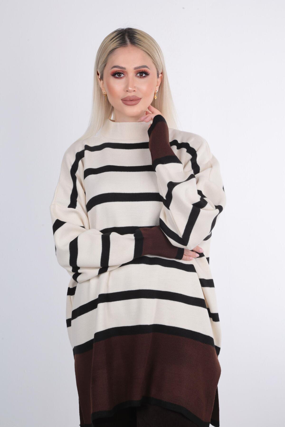 Kahve Çizgili Renkli Balıkçı Yaka Kazak 20112 