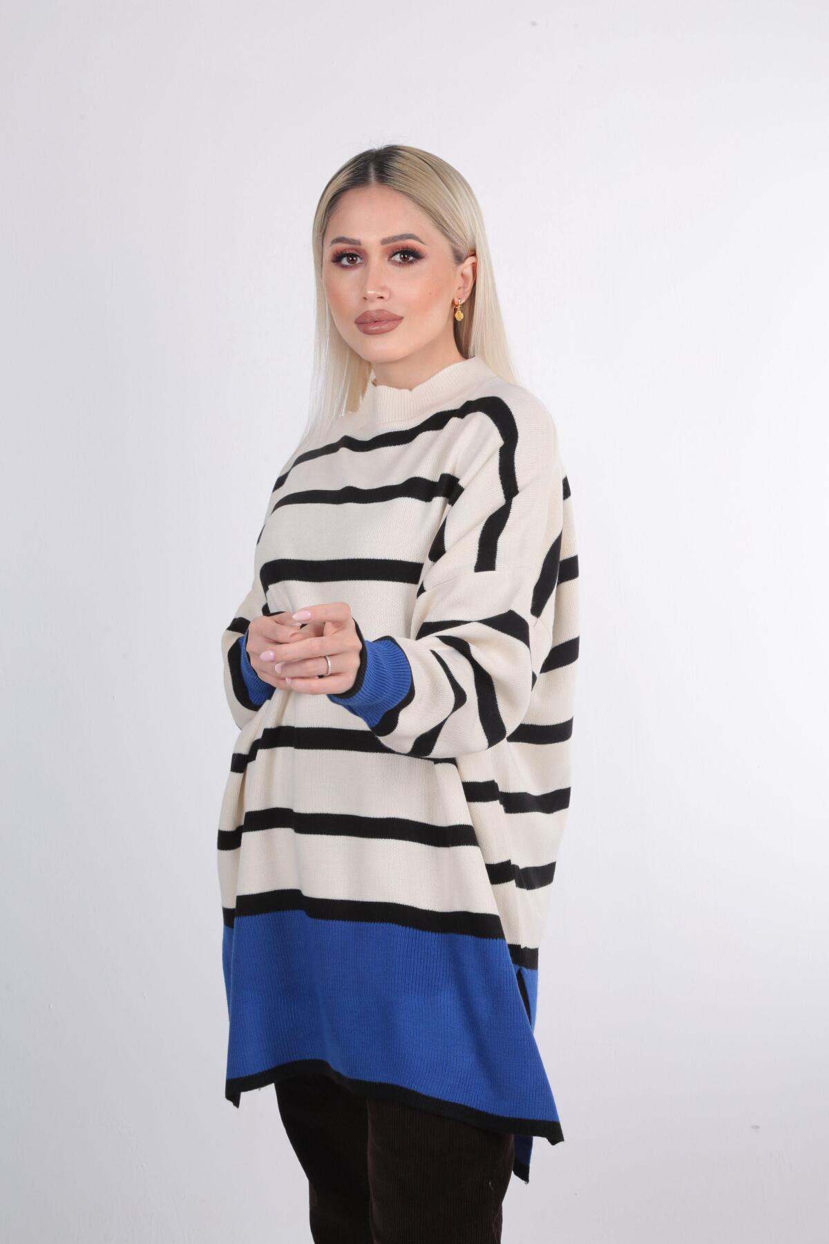 20112 Çizgili Renkli Balıkçı Yaka Tunik Mavi 