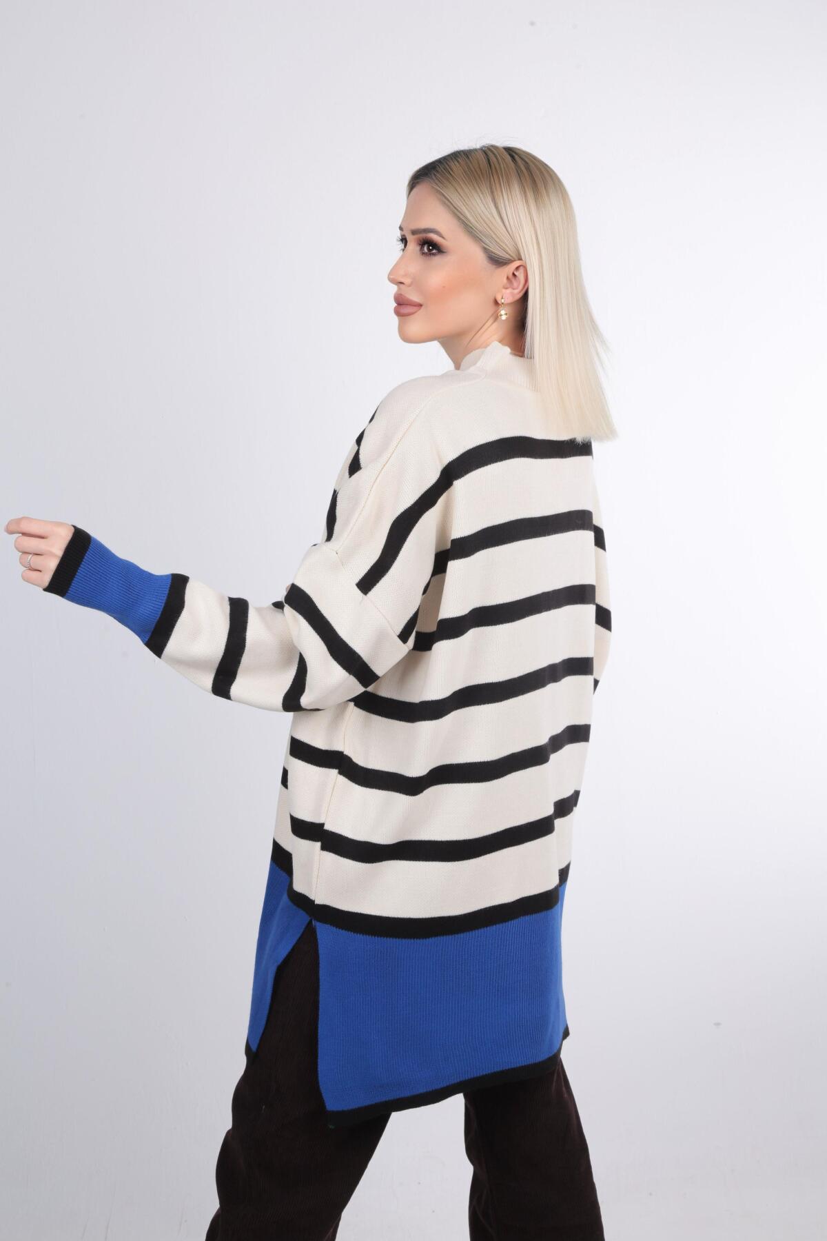 20112 Çizgili Renkli Balıkçı Yaka Tunik Mavi - 2