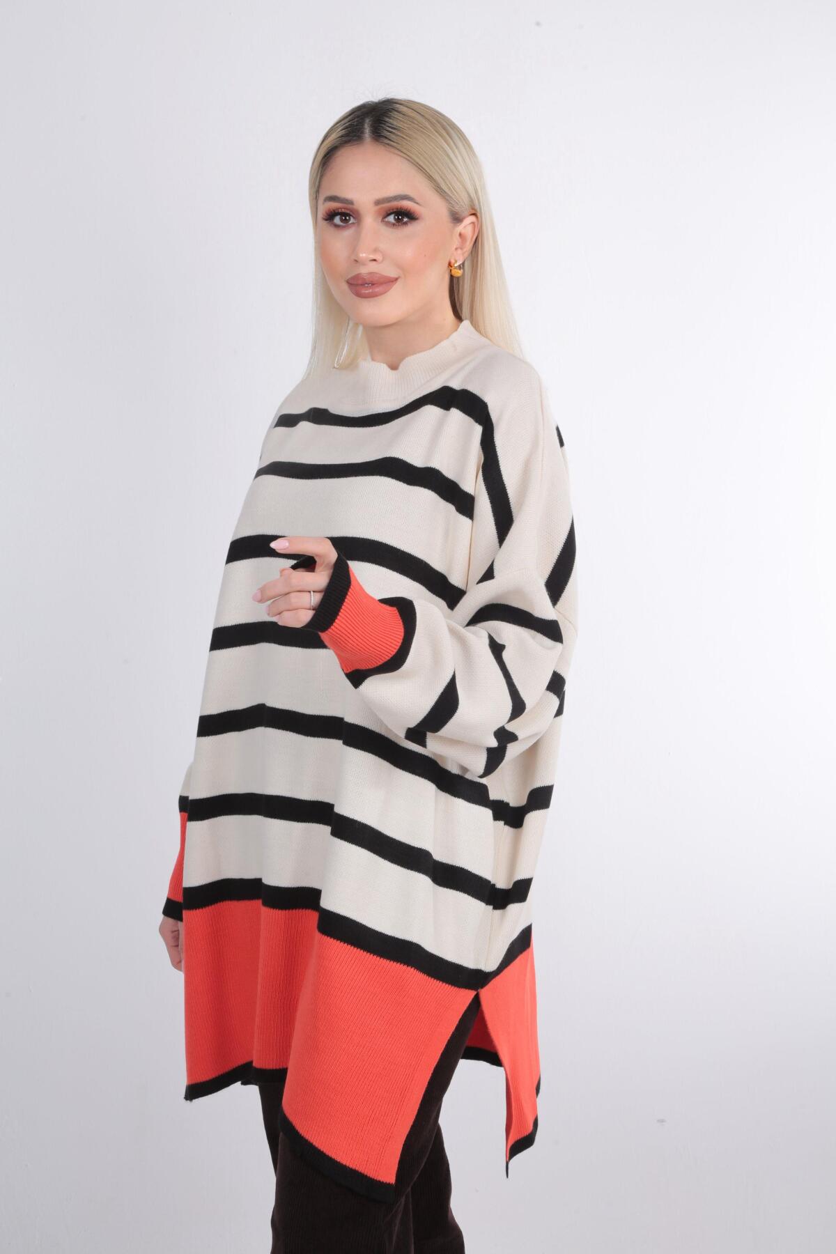 20112 Çizgili Renkli Balıkçı Yaka Tunik Orange 