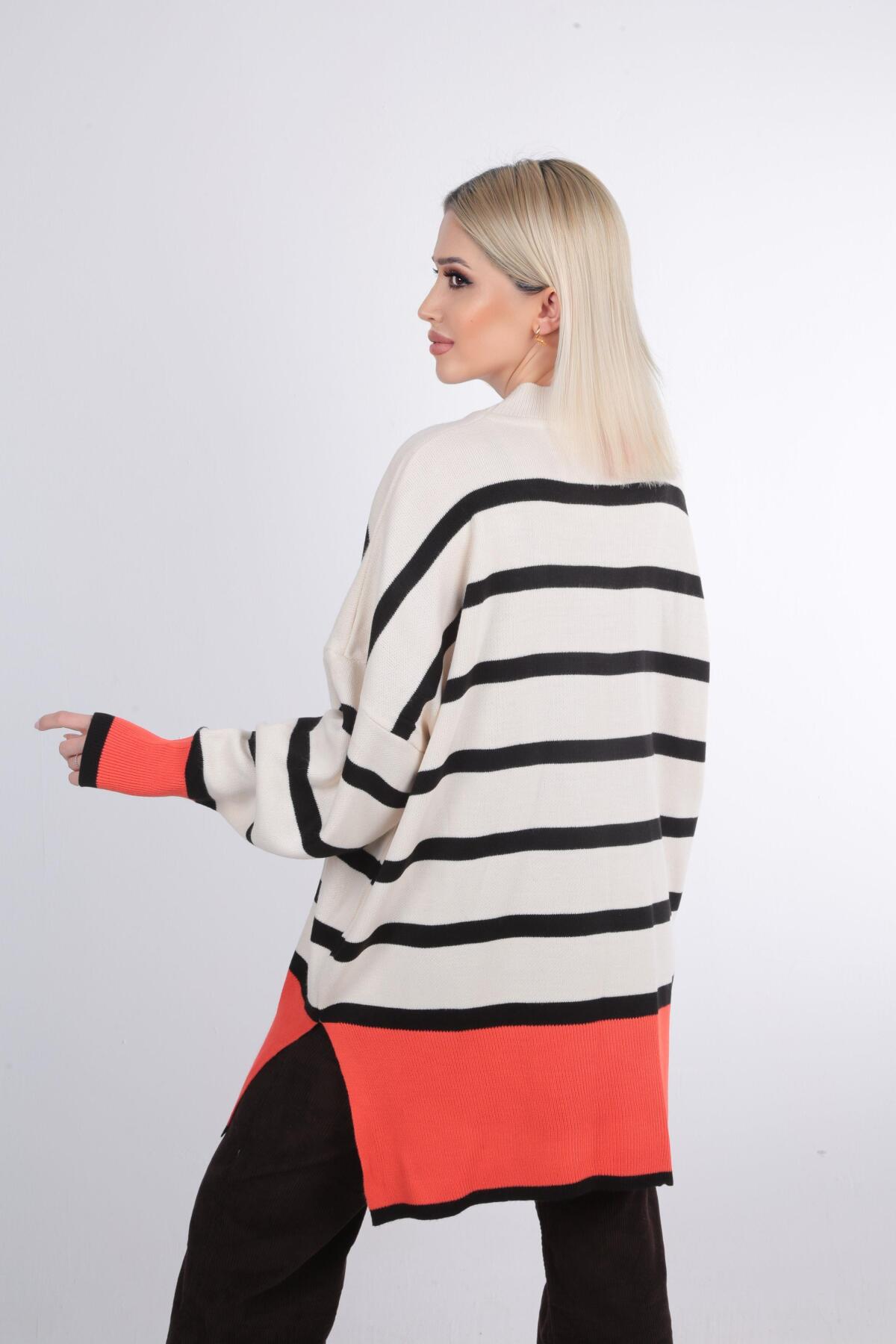 20112 Çizgili Renkli Balıkçı Yaka Tunik Orange - 3