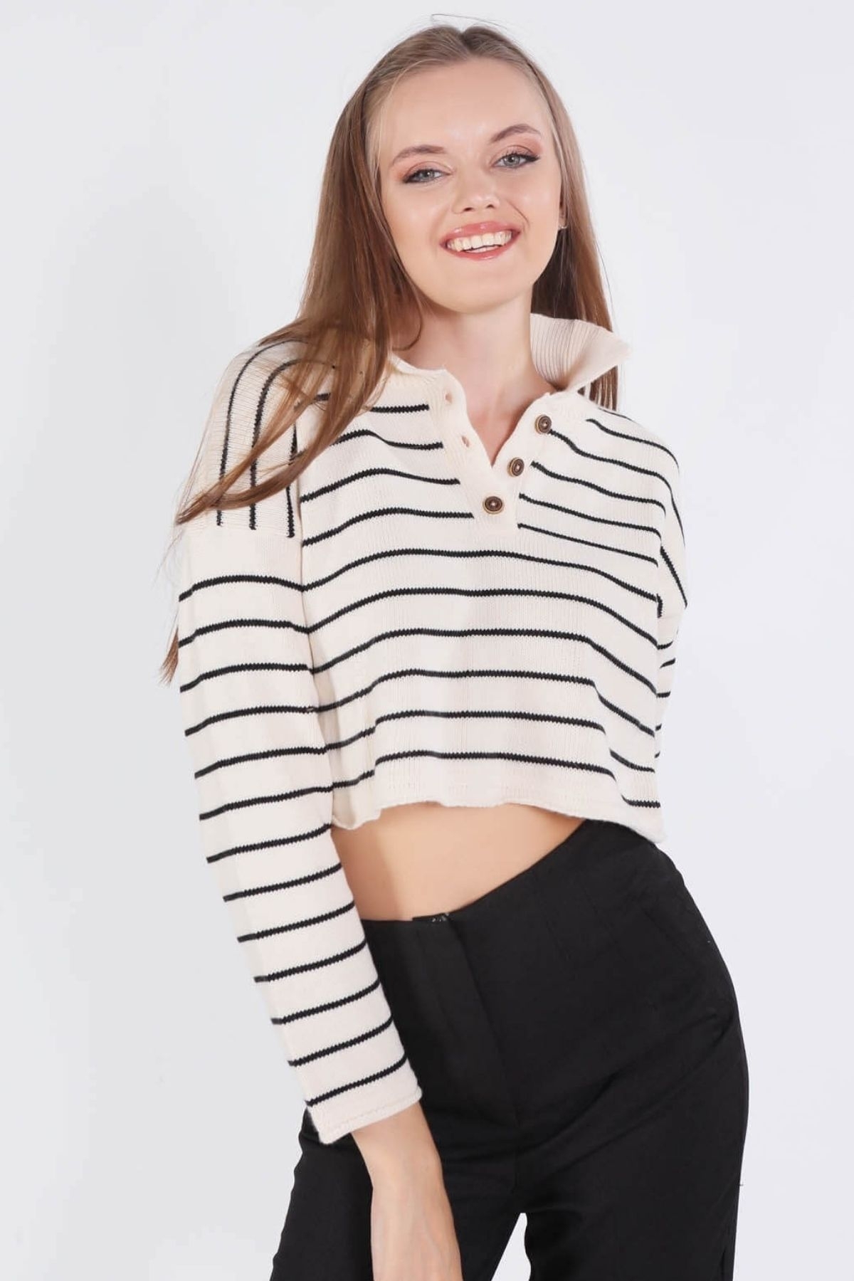 20124 Polo Yaka Çizgili Kazak Bej 