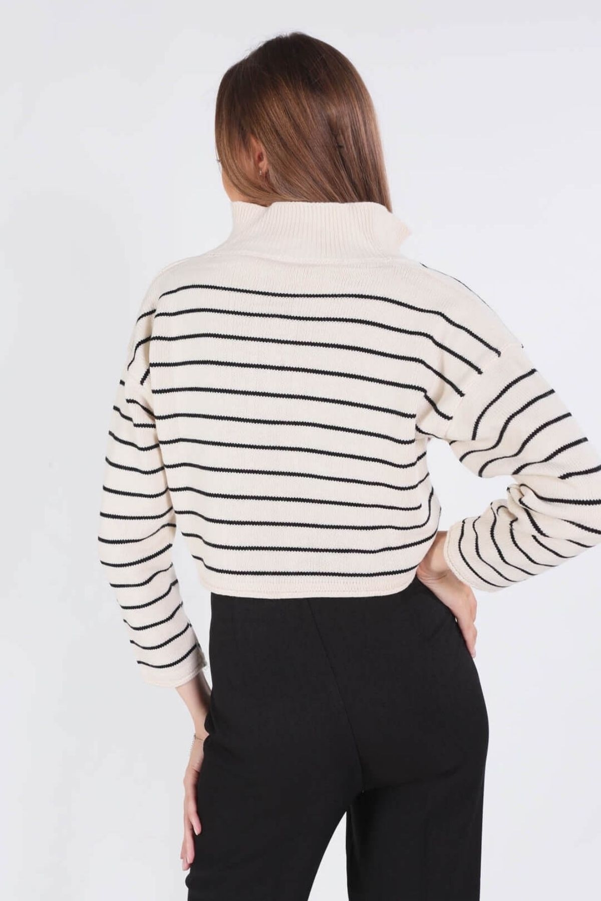 20124 Polo Yaka Çizgili Kazak Bej - 2