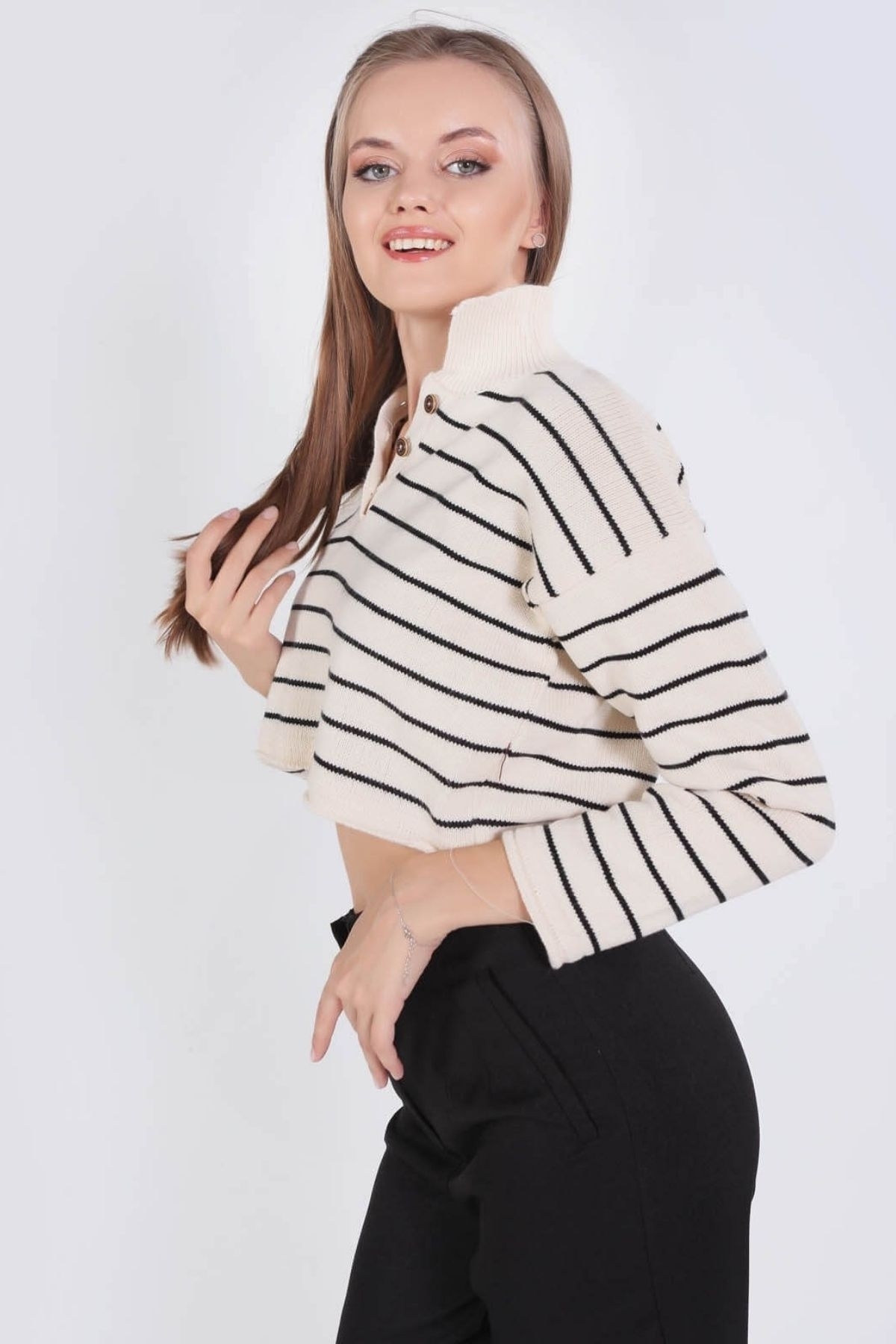 20124 Polo Yaka Çizgili Kazak Bej - 4