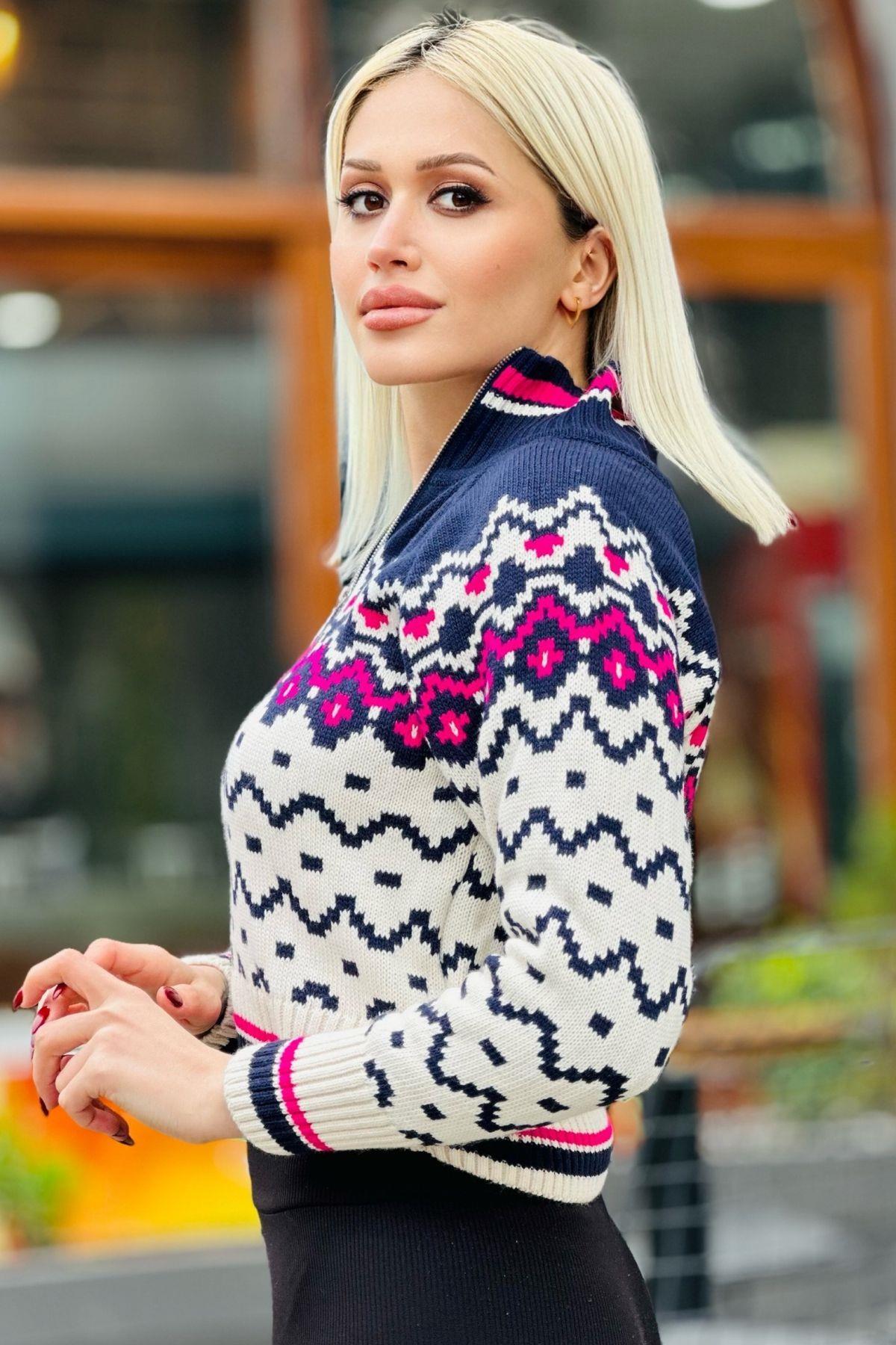 Krem Yaka Fermuar Desenli Kazak 20142 - 3