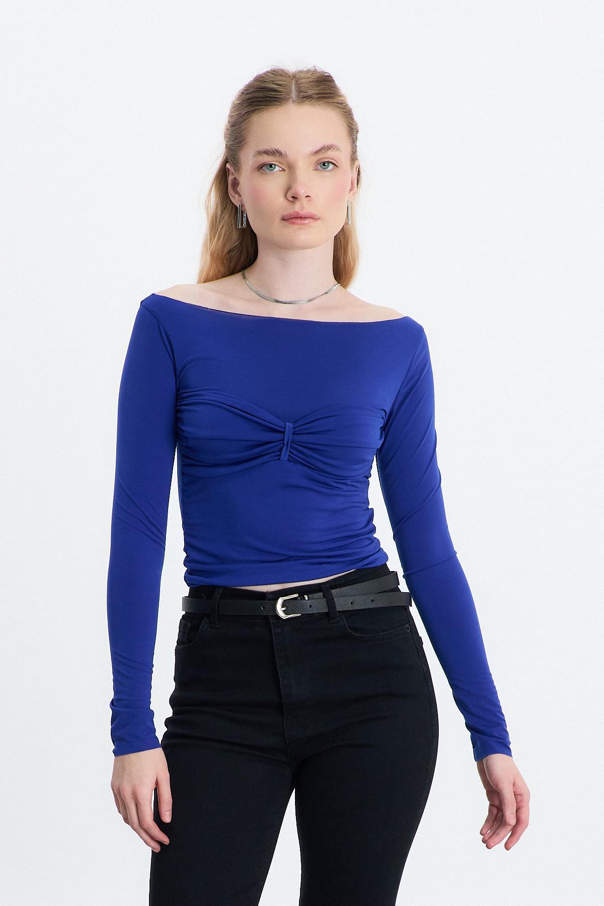 Saks Göğüs Büzgü Detay Bluz 20178 - 1