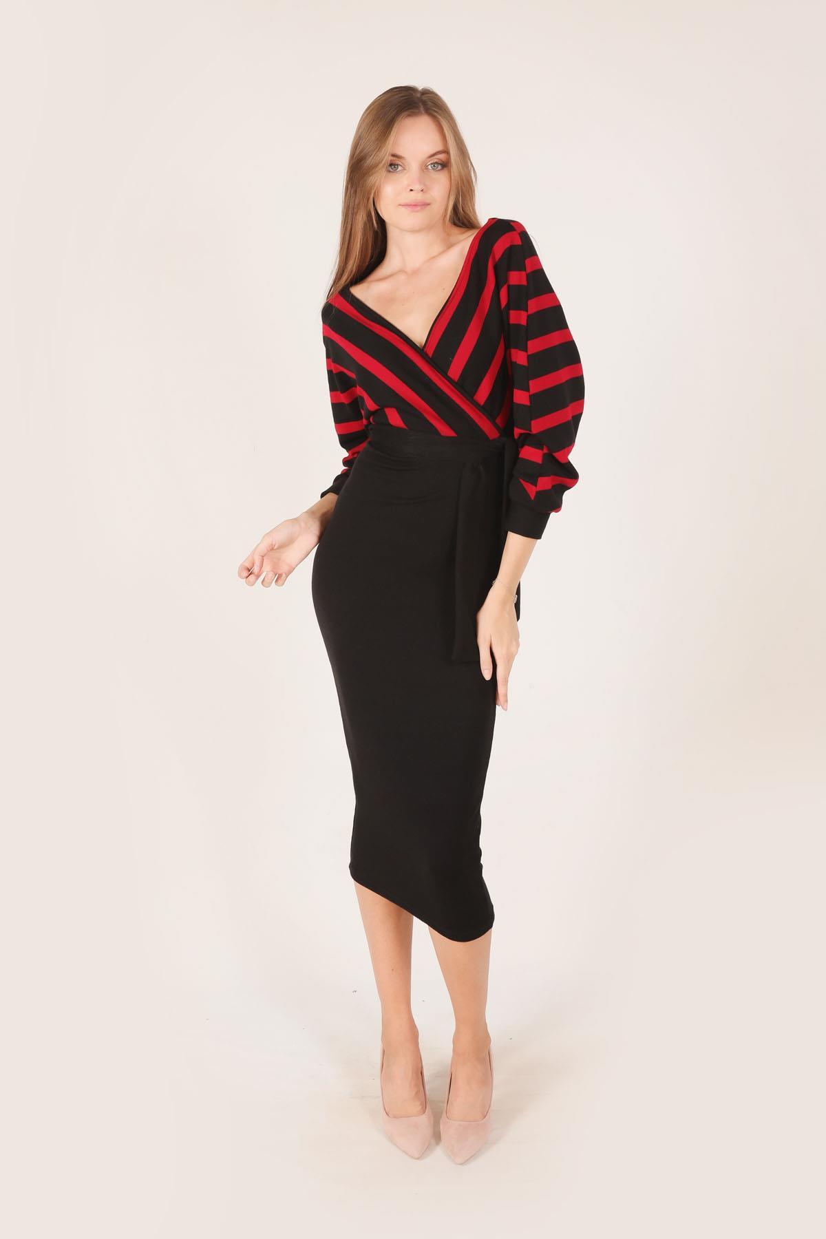 2021 Bel Kuşaklı Triko Elbise Kırmızı - 2