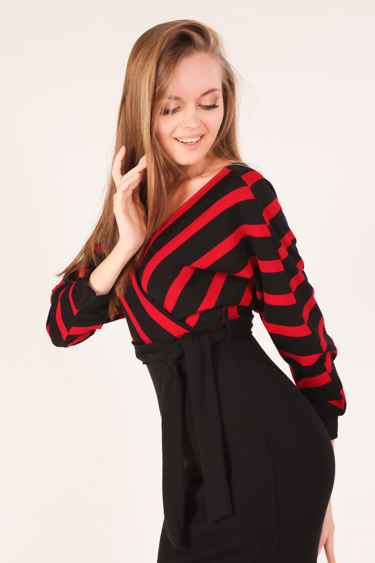 2021 Bel Kuşaklı Triko Elbise Kırmızı - 4