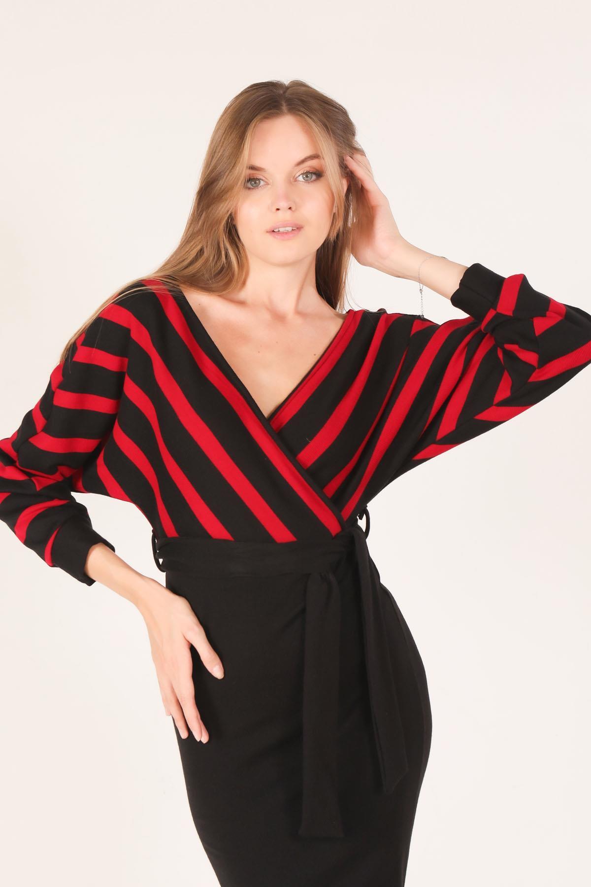 Kırmızı Bel Kuşaklı Triko Elbise 2021 - 3