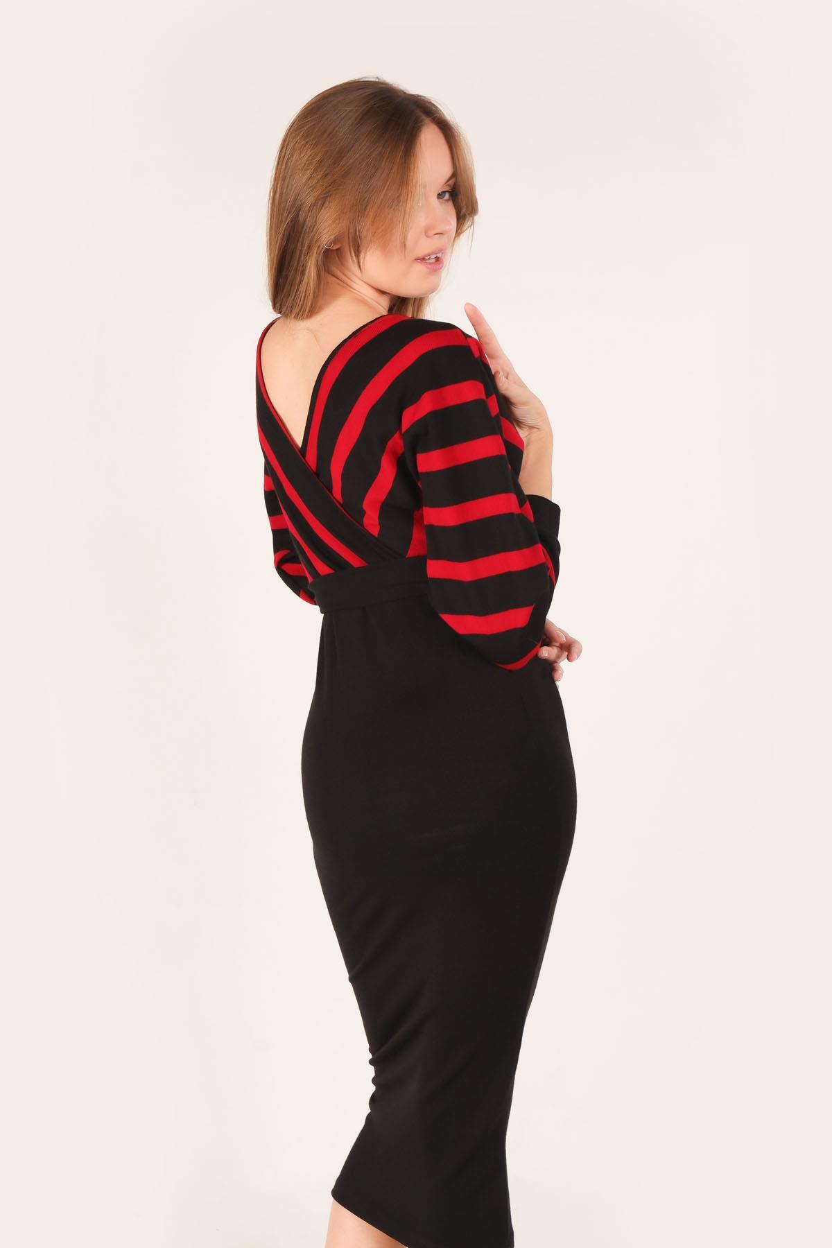 Kırmızı Bel Kuşaklı Triko Elbise 2021 - 5