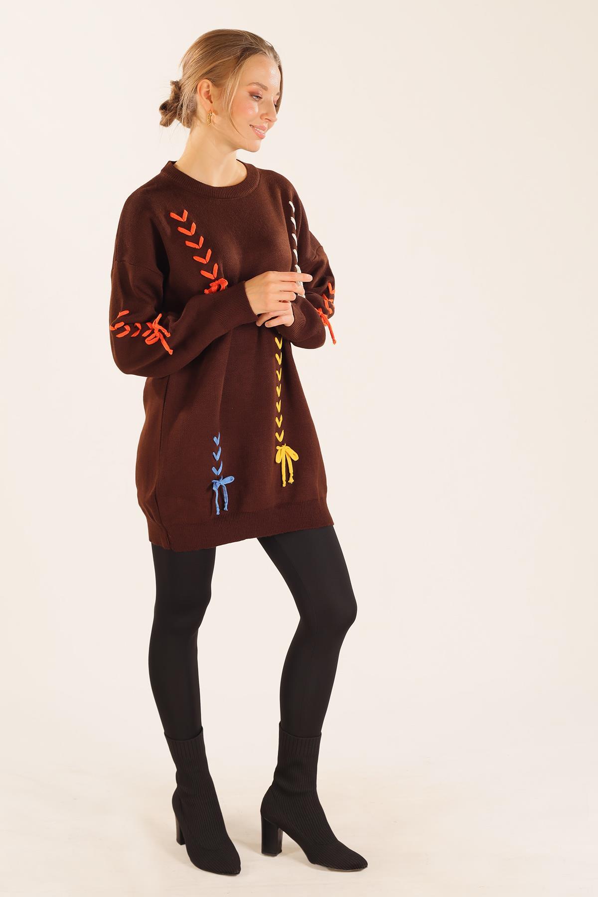 2024 İp Nakışlı Kazak Acı Kahve - 8