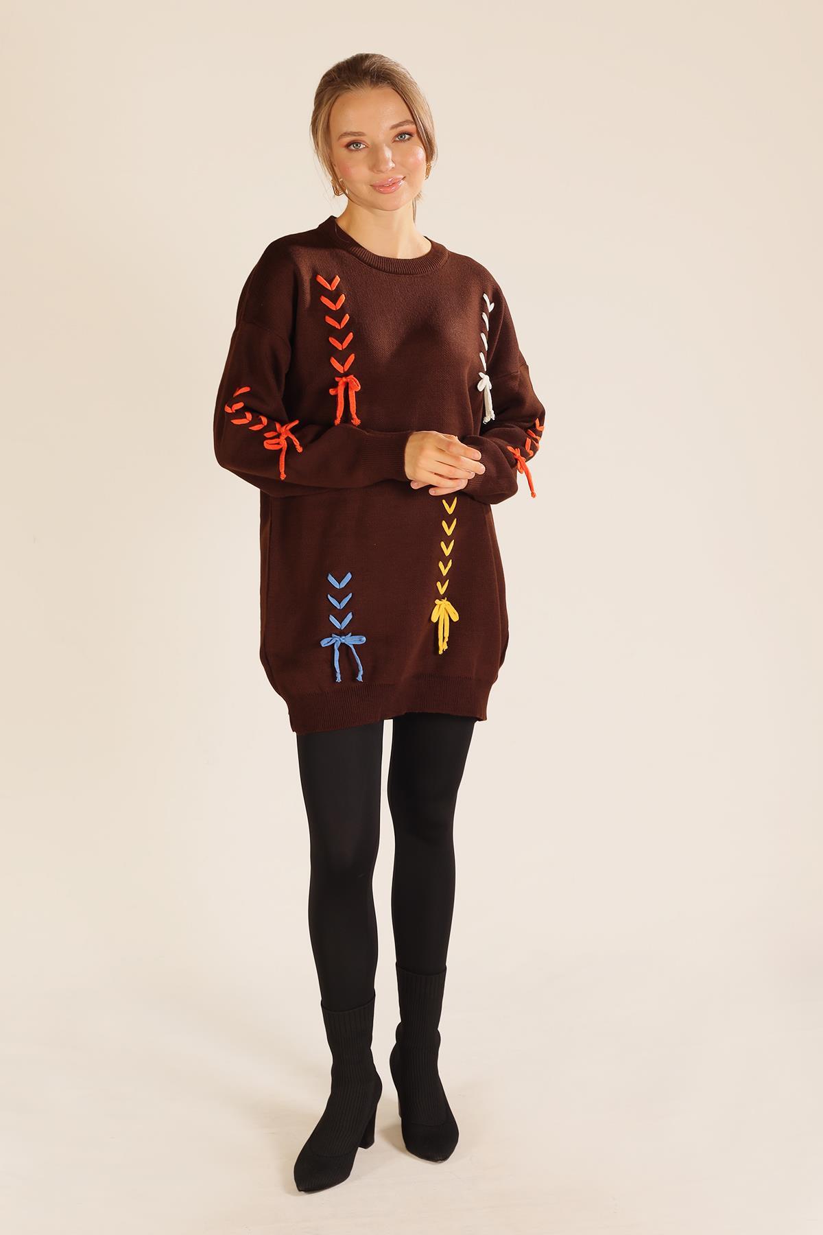 Acı Kahve İp Nakışlı Kazak 2024 - 3