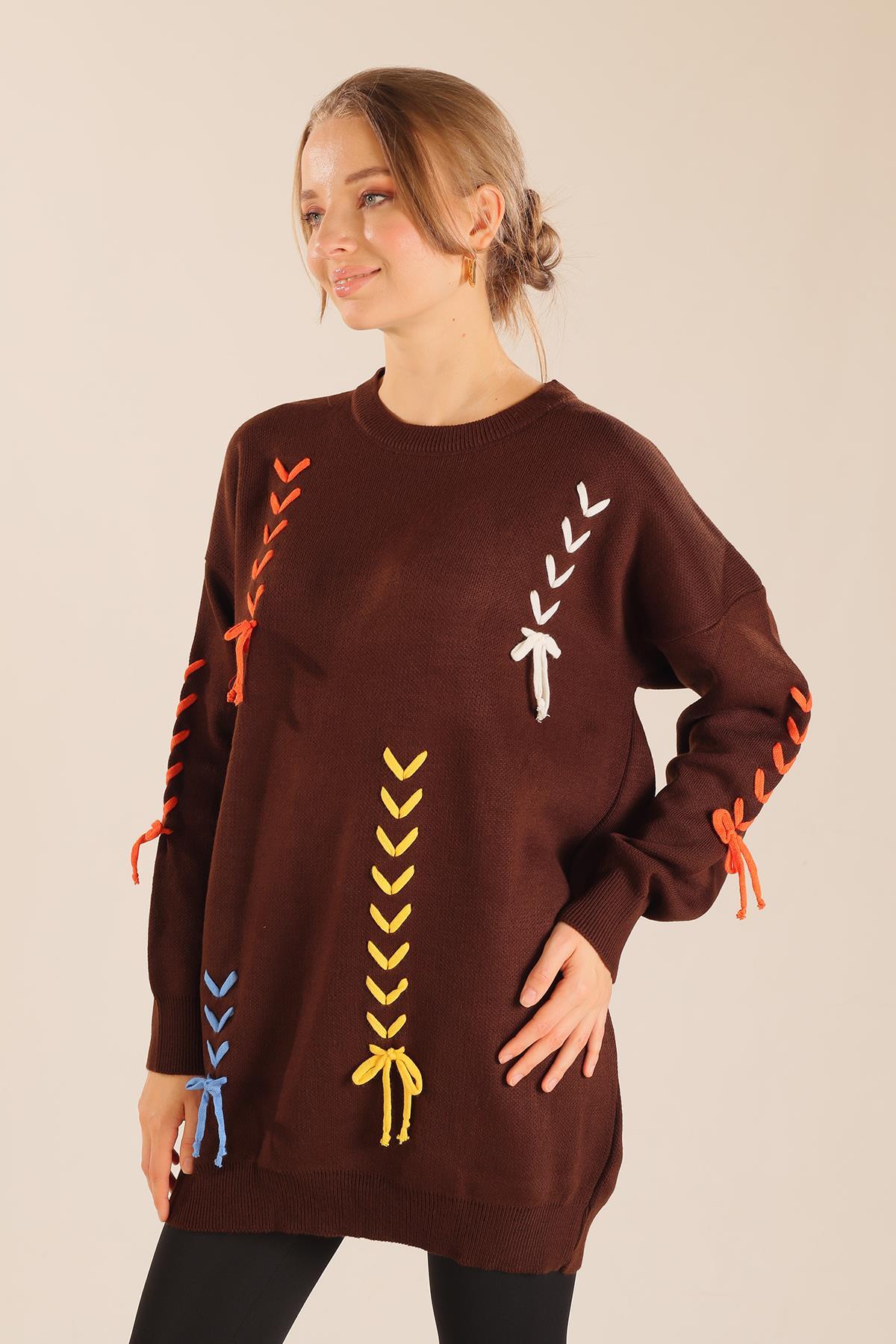 Acı Kahve İp Nakışlı Kazak 2024 - 5