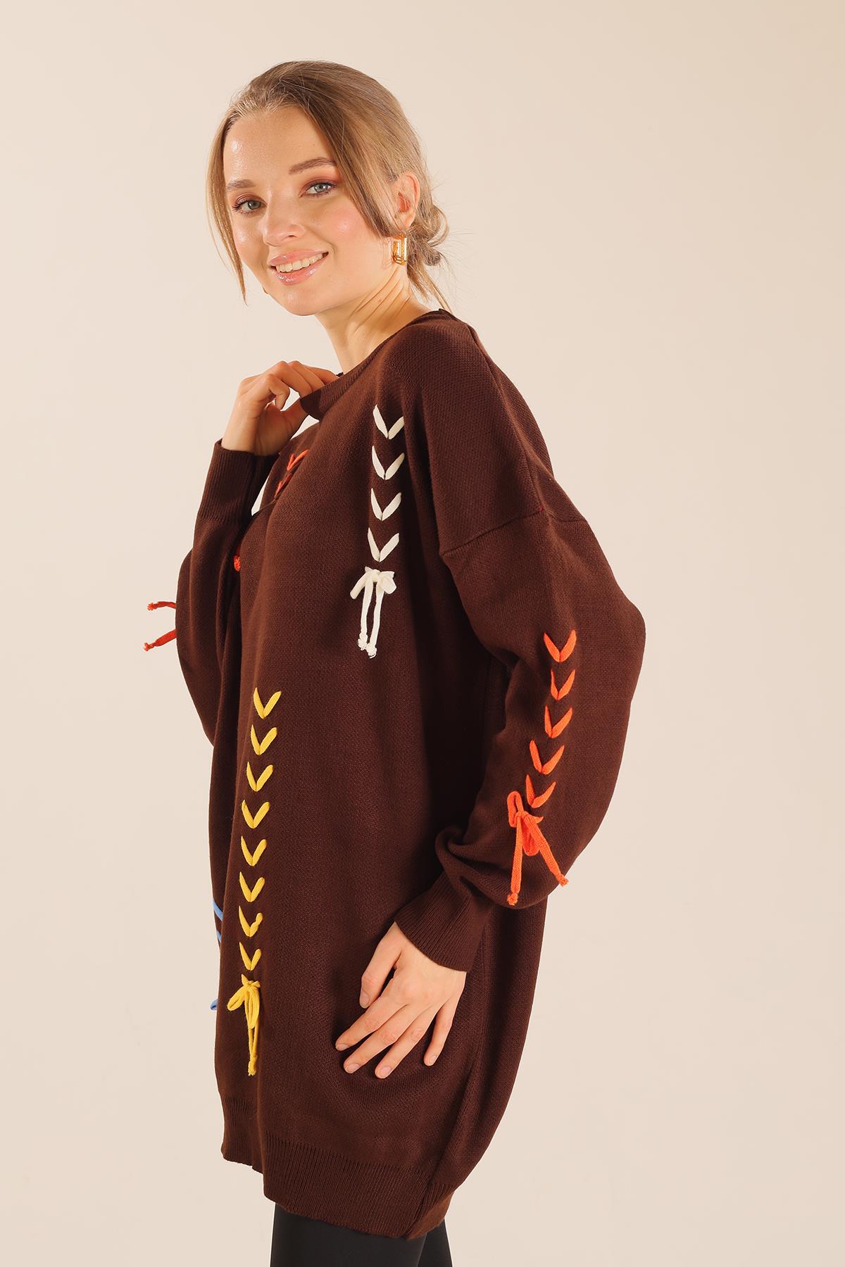 Acı Kahve İp Nakışlı Kazak 2024 - 6