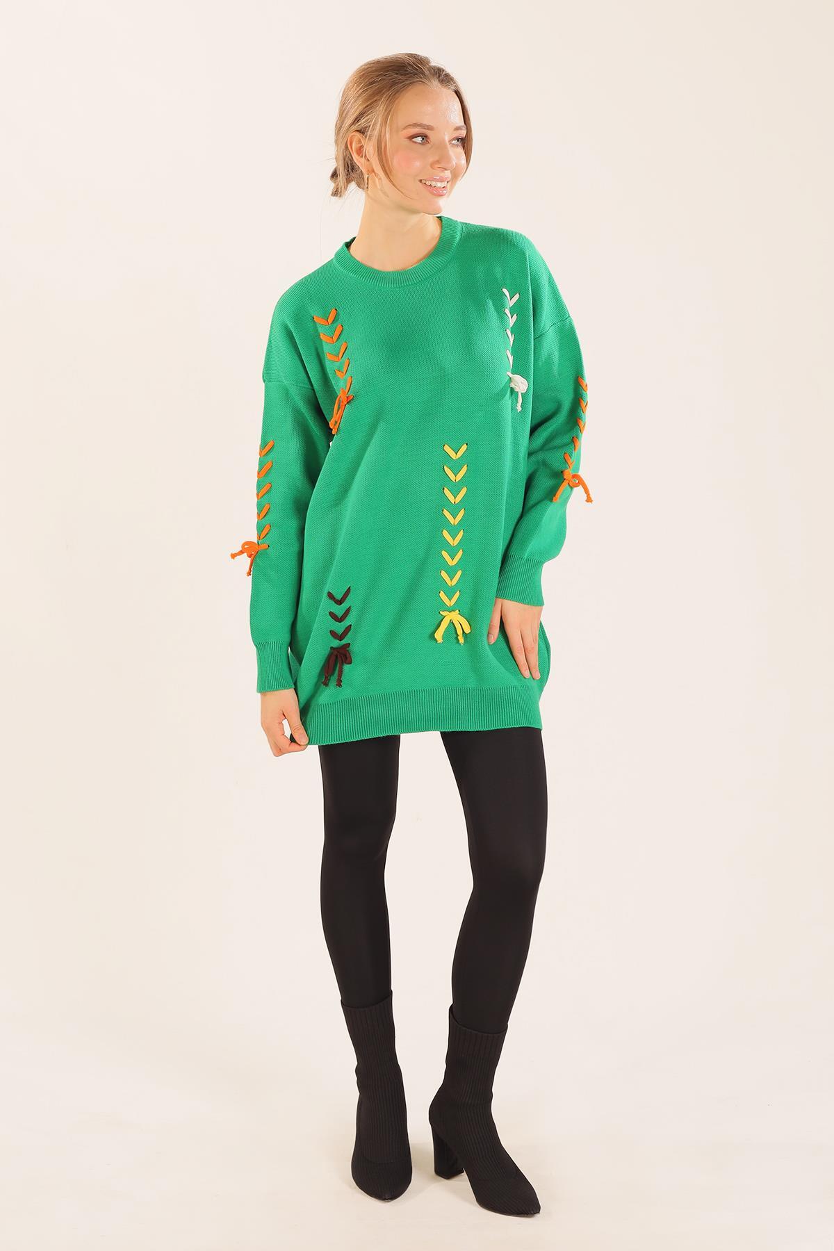 2024 İp Nakışlı Kazak Benetton Yeşili - 2