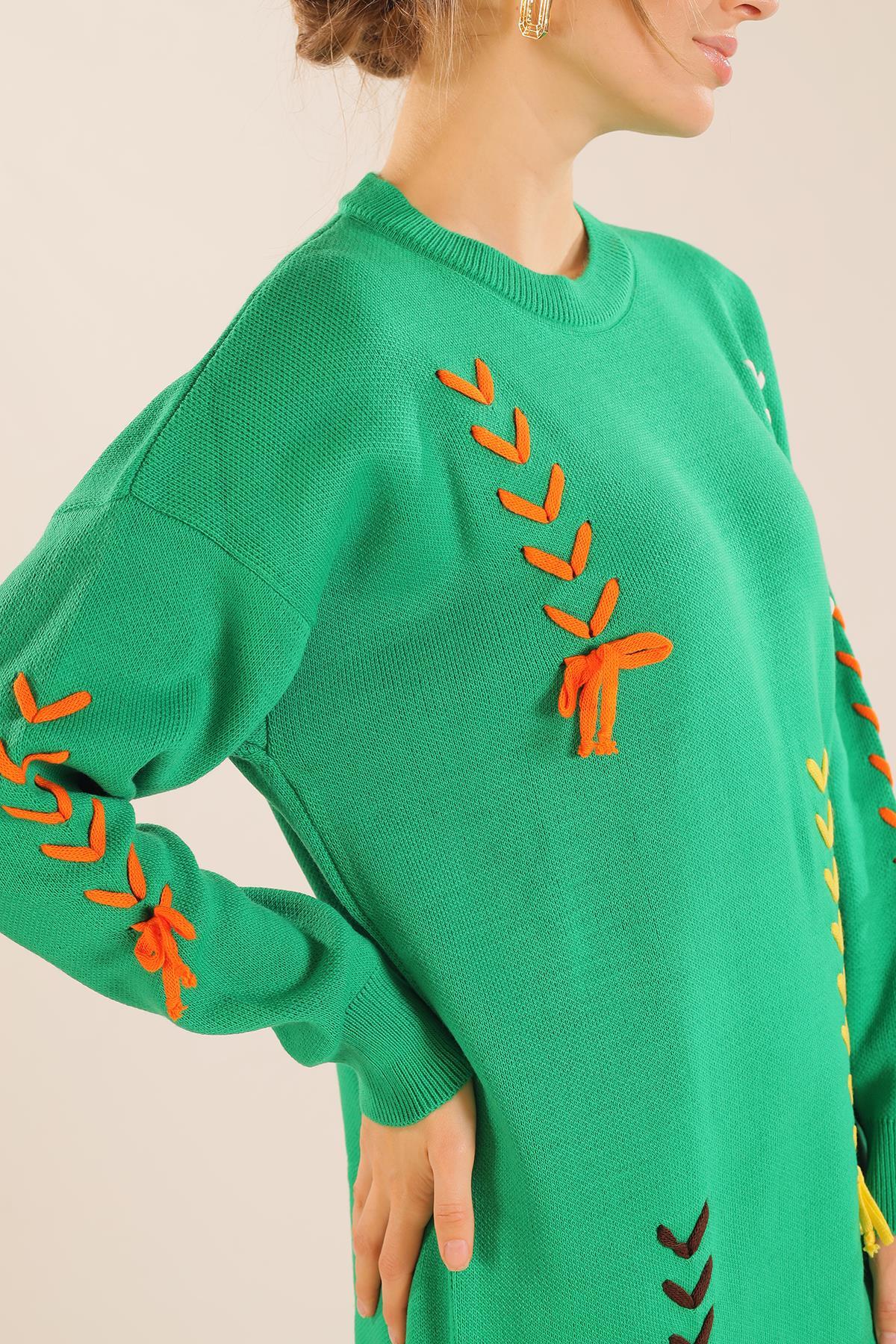 Benetton Yeşili İp Nakışlı Kazak 2024 - 5