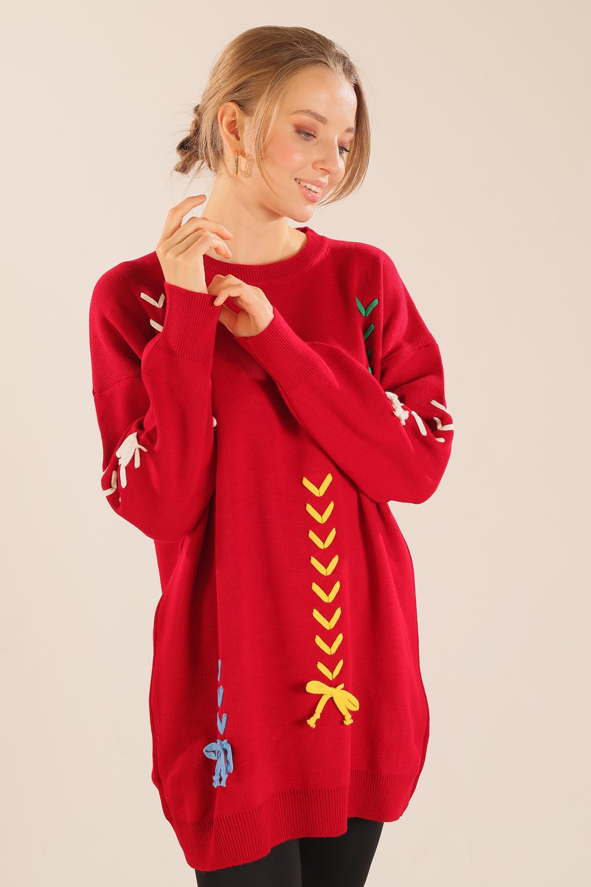 2024 İp Nakışlı Kazak Kırmızı - 1