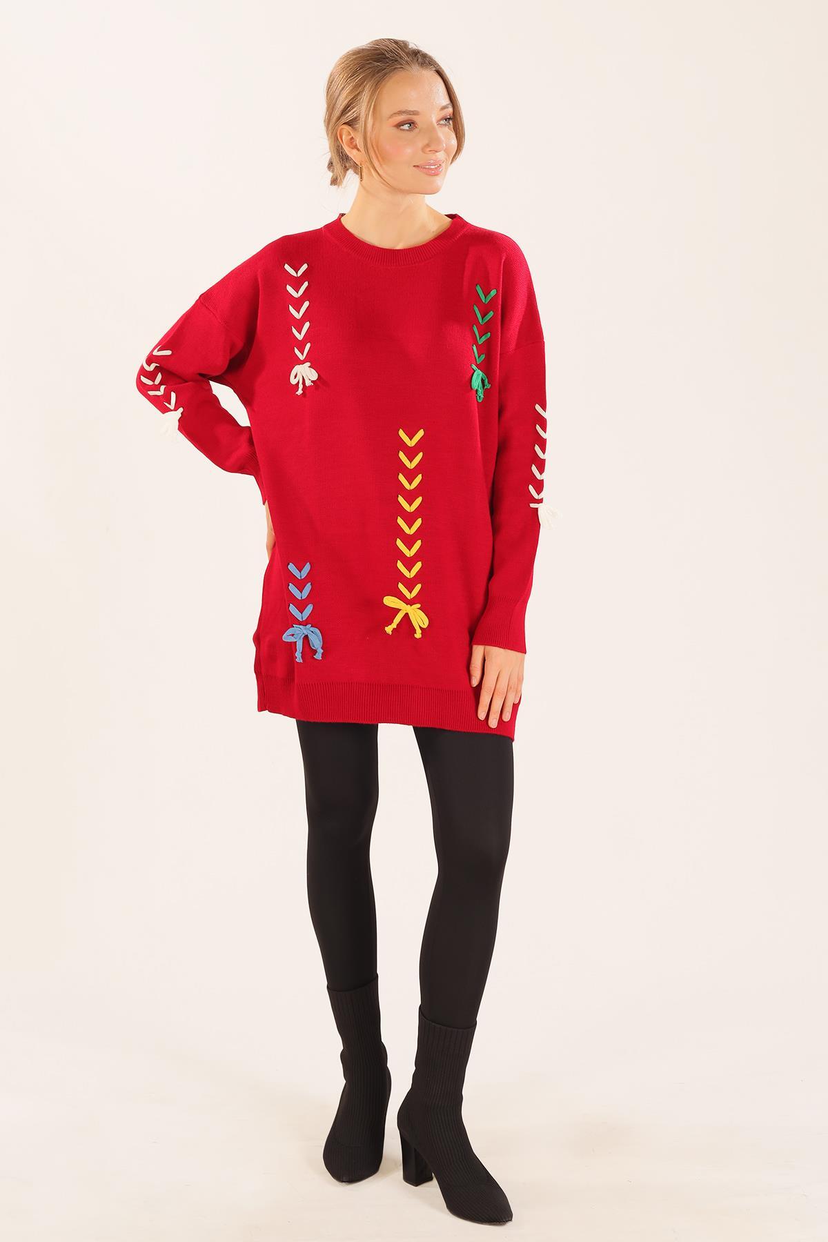 2024 İp Nakışlı Kazak Kırmızı - 2