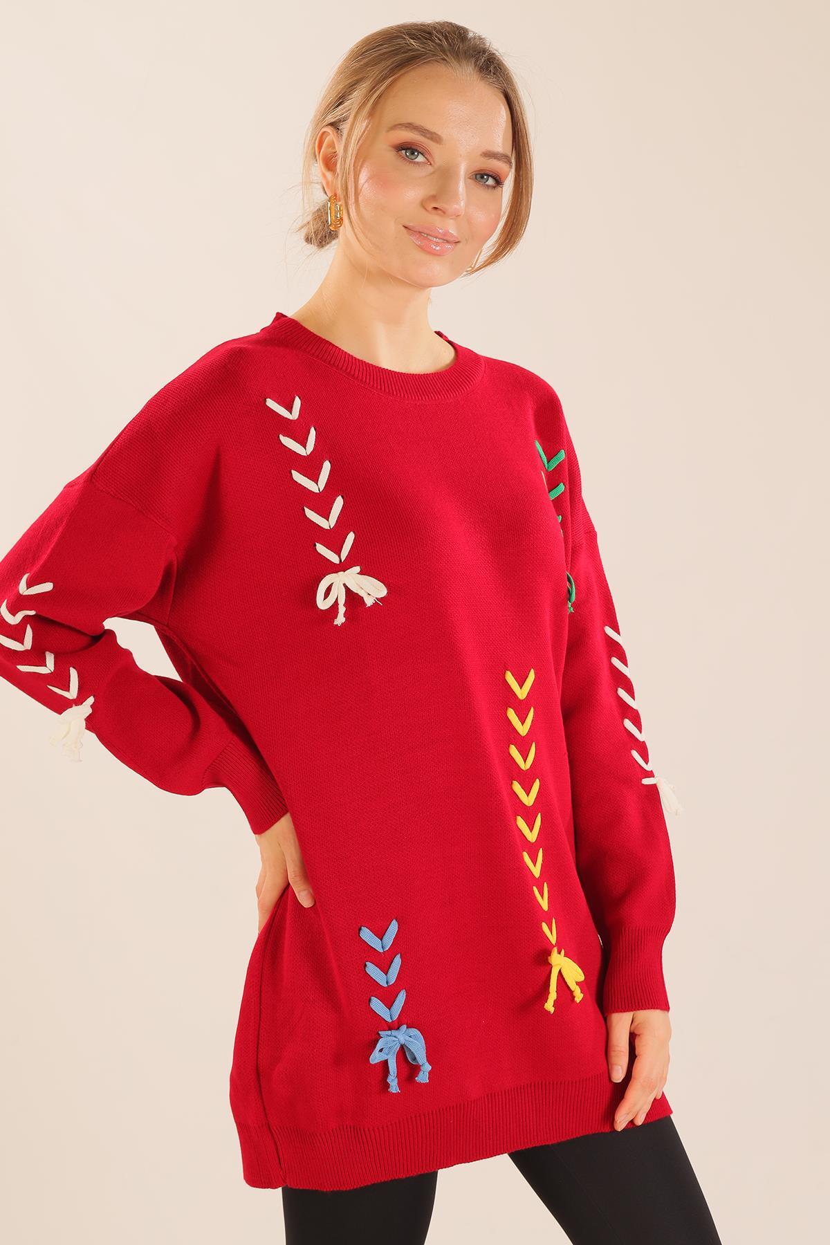 2024 İp Nakışlı Kazak Kırmızı - 4