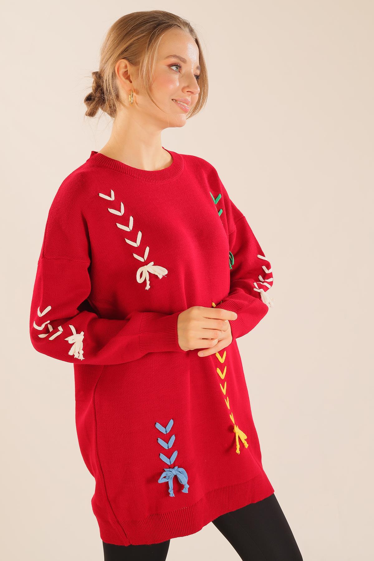 Kırmızı İp Nakışlı Kazak 2024 - 3