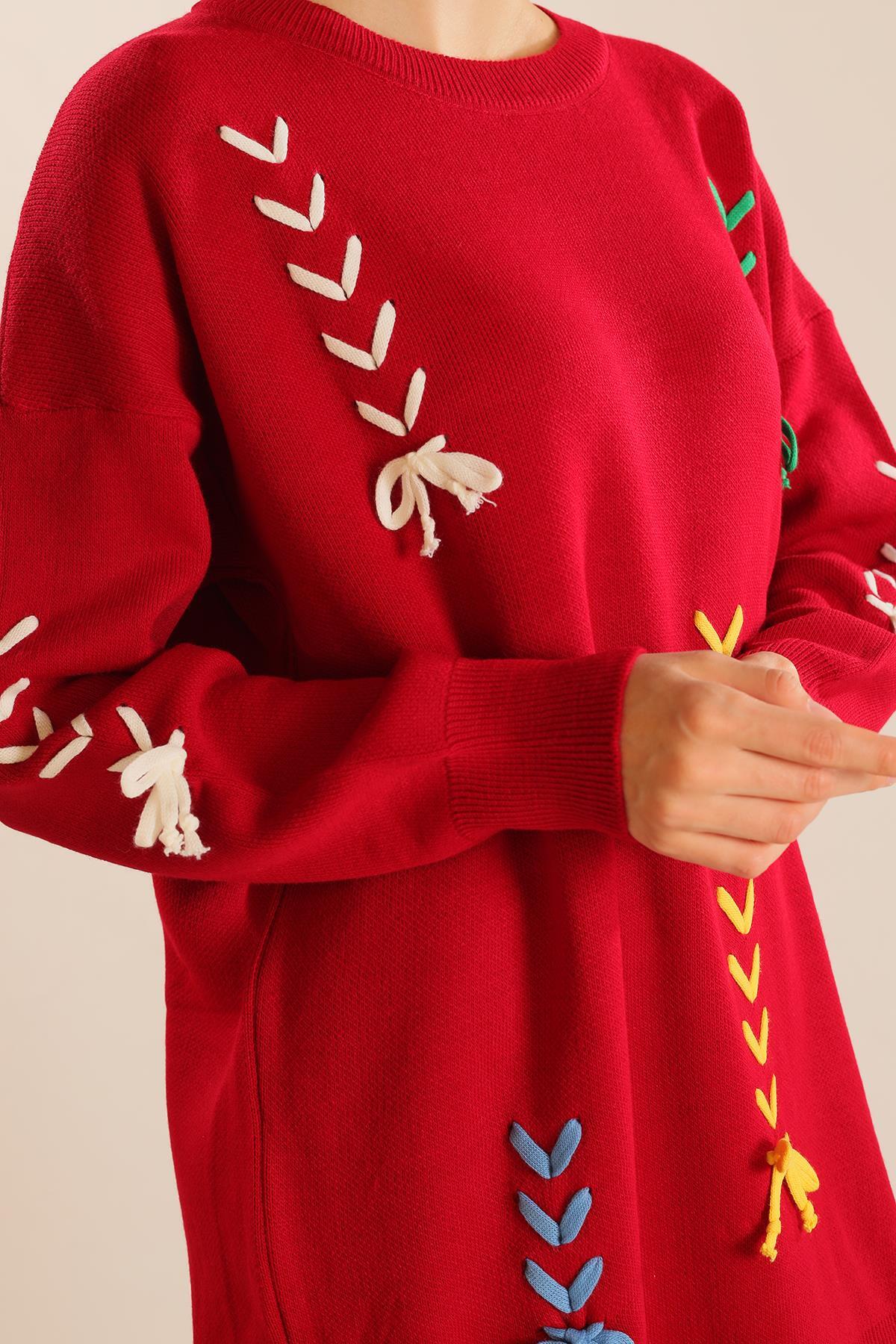 Kırmızı İp Nakışlı Kazak 2024 - 5