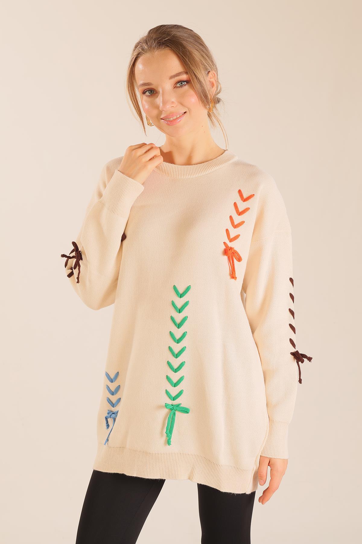 2024 İp Nakışlı Kazak Krem 