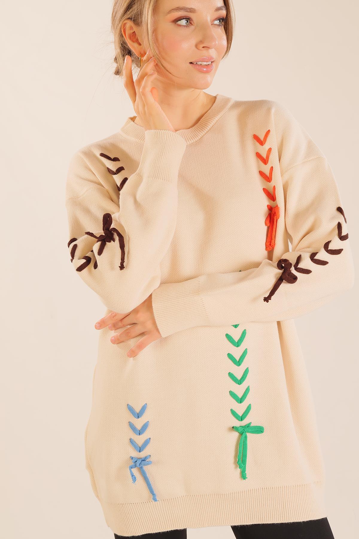 2024 İp Nakışlı Kazak Krem - 4