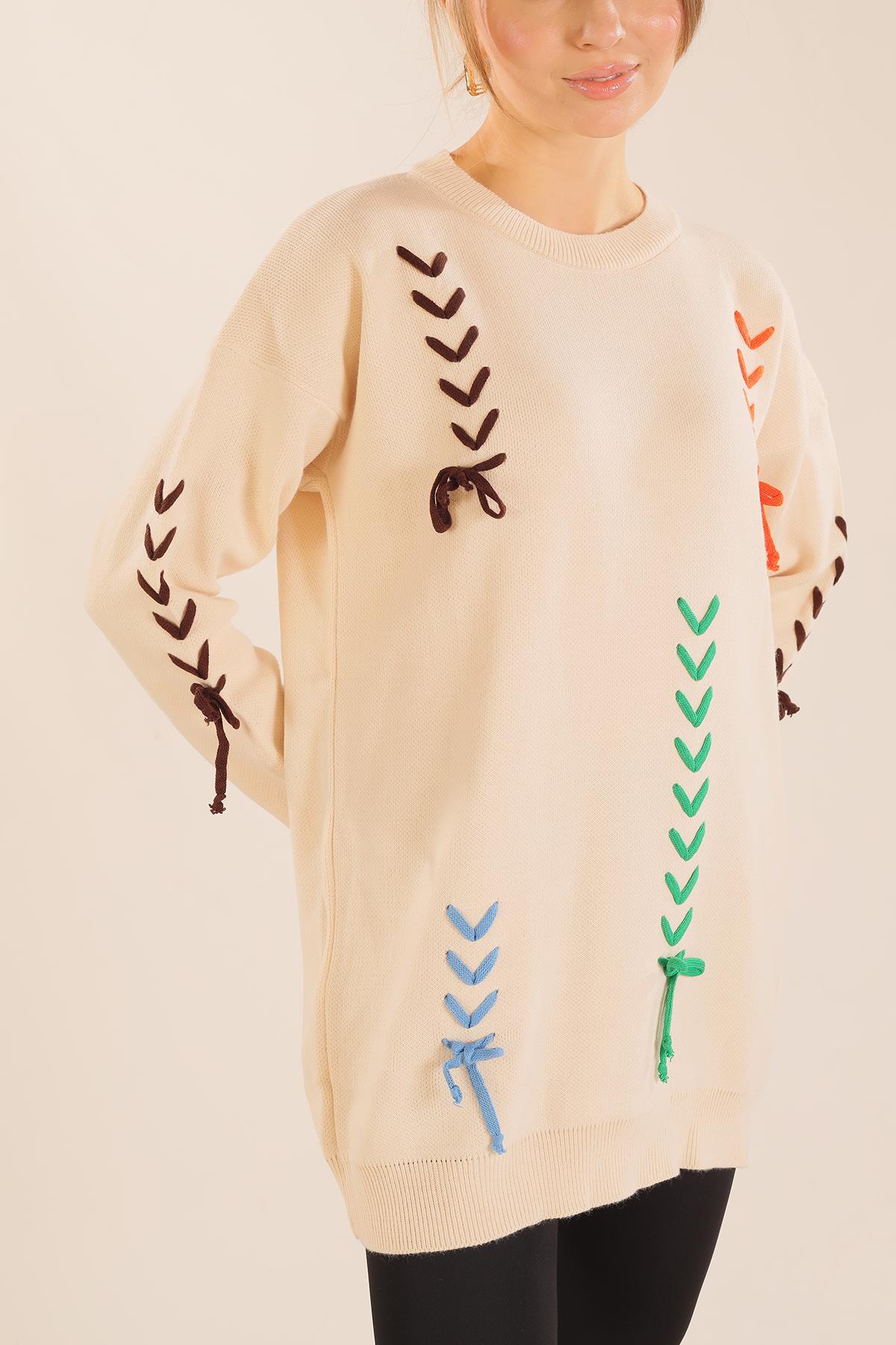 2024 İp Nakışlı Kazak Krem - 5