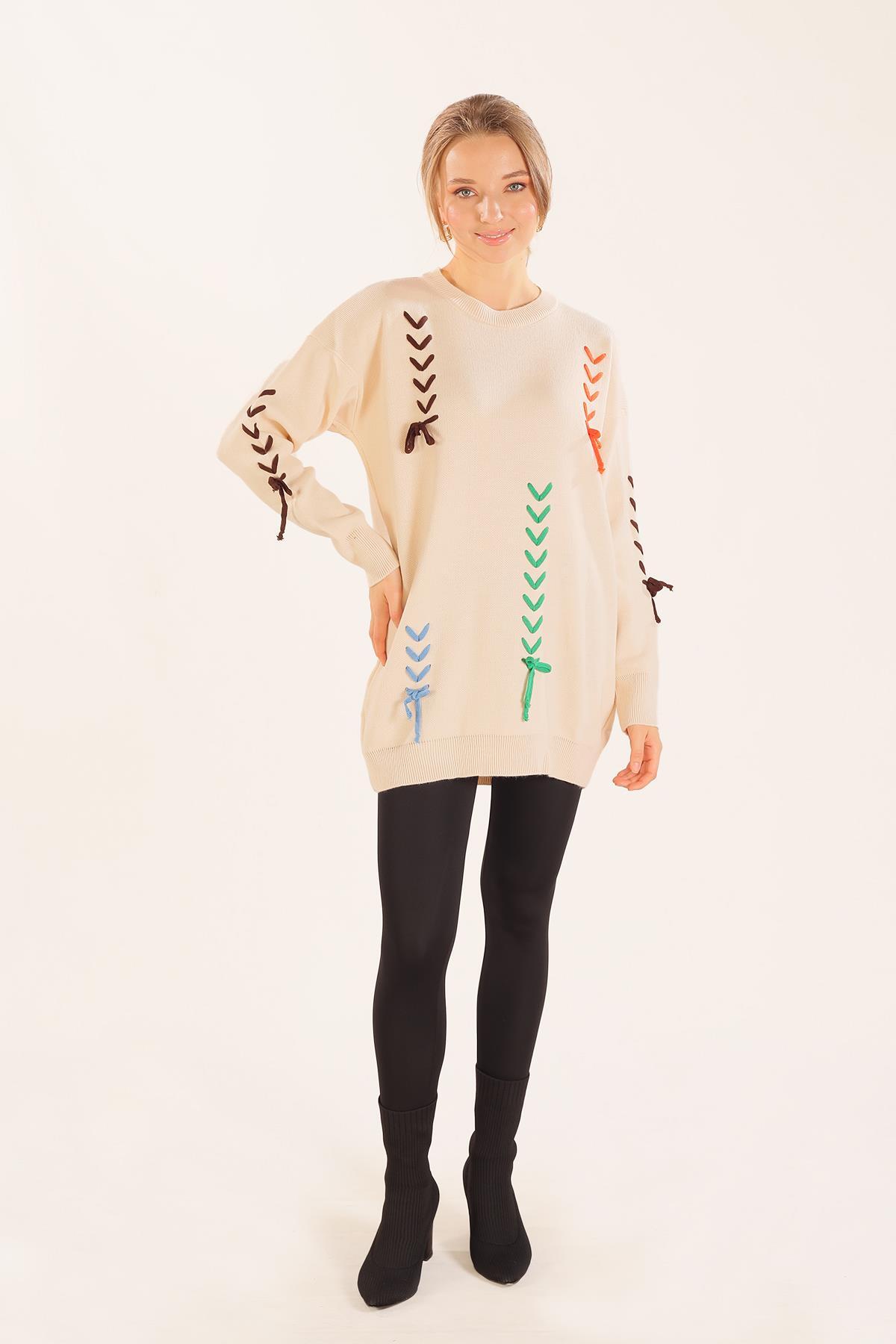 Krem İp Nakışlı Kazak 2024 - 2