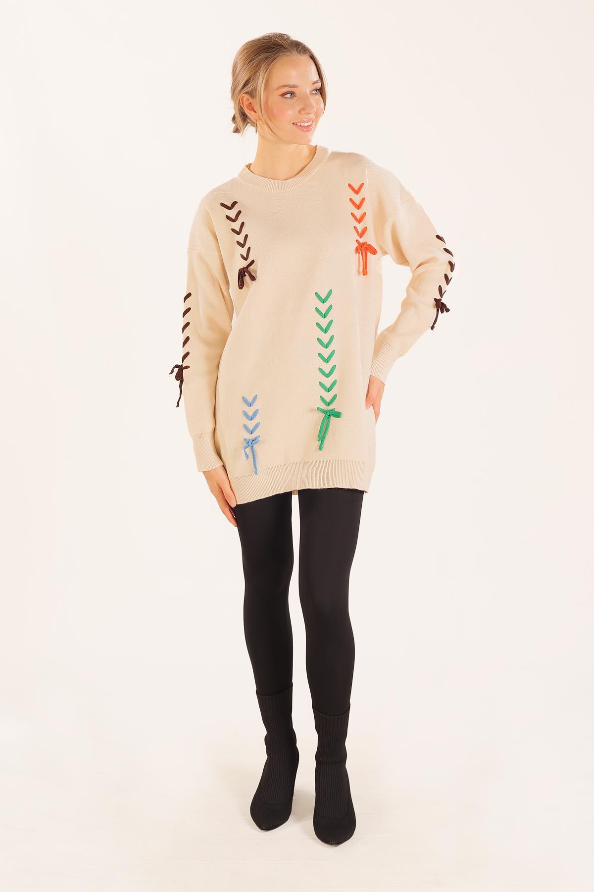 Krem İp Nakışlı Kazak 2024 - 3