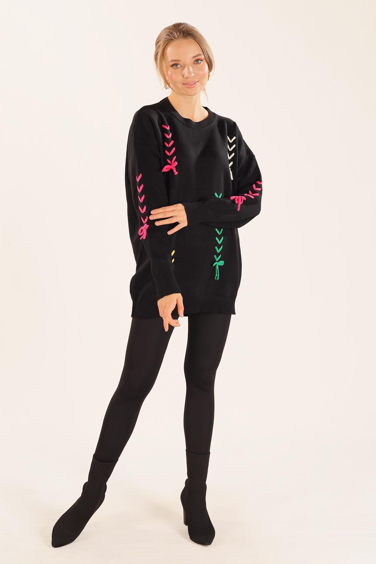 Siyah İp Nakışlı Kazak 2024 - 2