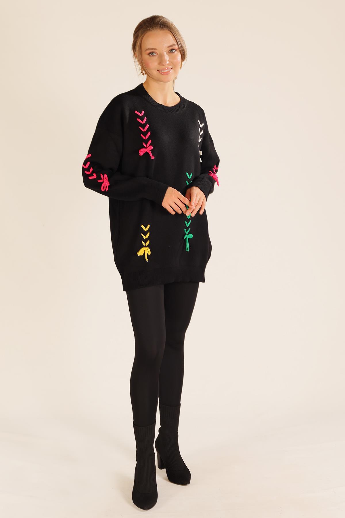 Siyah İp Nakışlı Kazak 2024 - 4